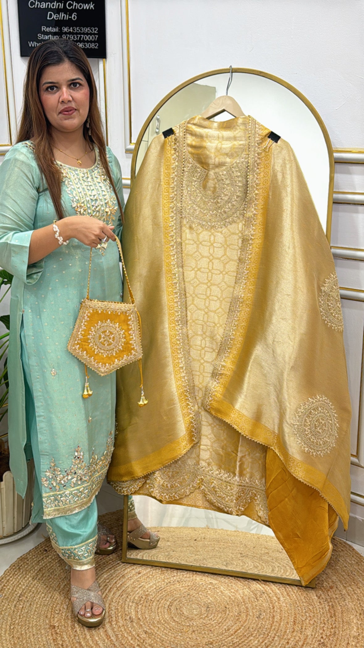 Karwa Chauth special unique pure kanjivaram metallic colour chat suit material along with designer potli, with front back and bottom work GF575