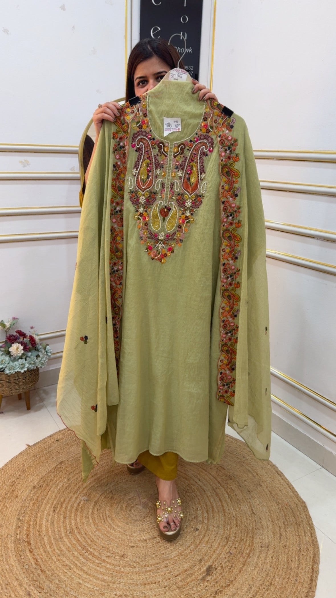 Pure Mul Mul beautiful handwork pearl bead work detailing classy neck work embroidery suit material with Mul Mul dupatta GF1051 LIGHT GREEN