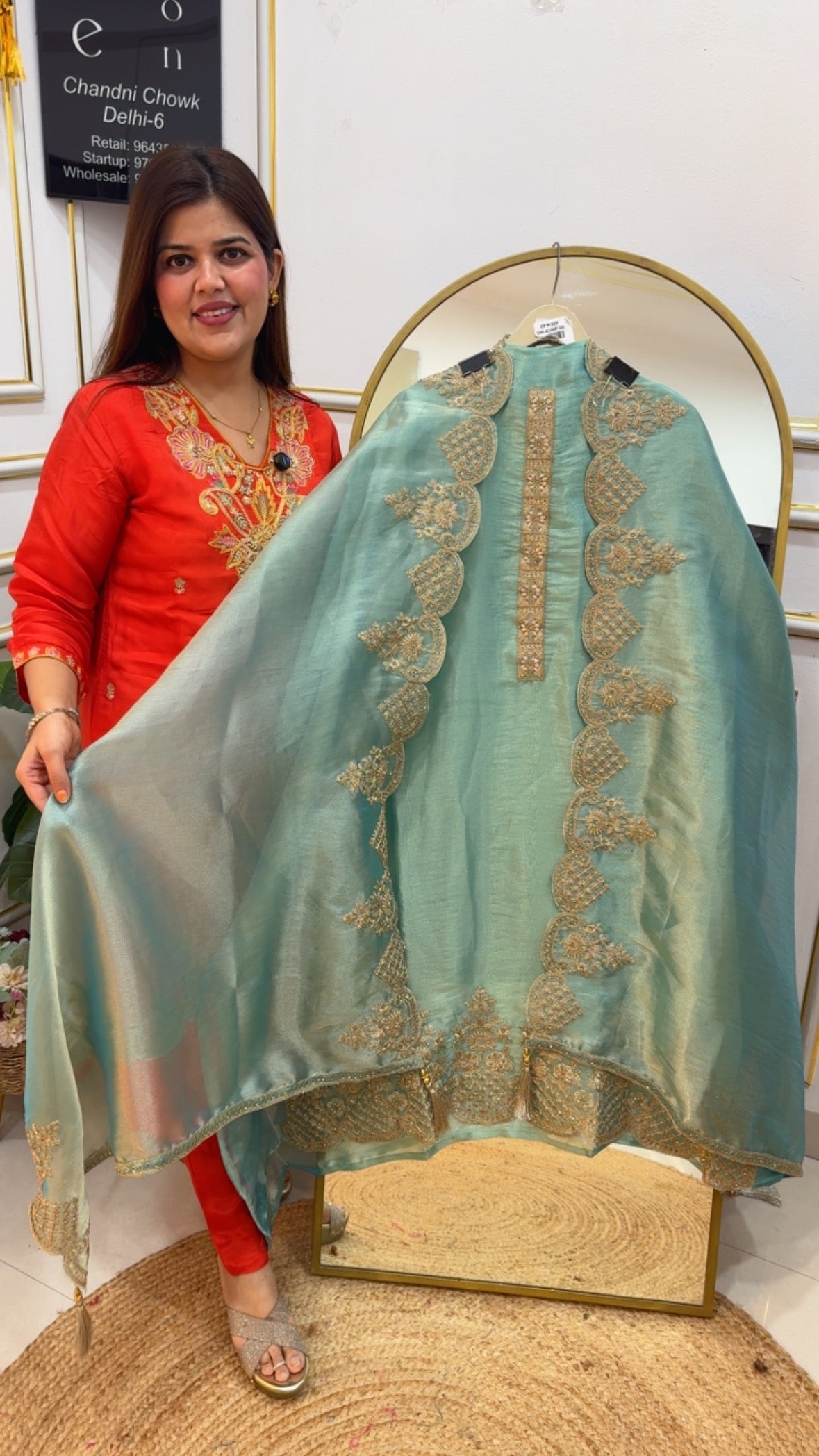 Royal and elegant tissue silk suit material with classy handwork detailing all over suit and dupatta GF761