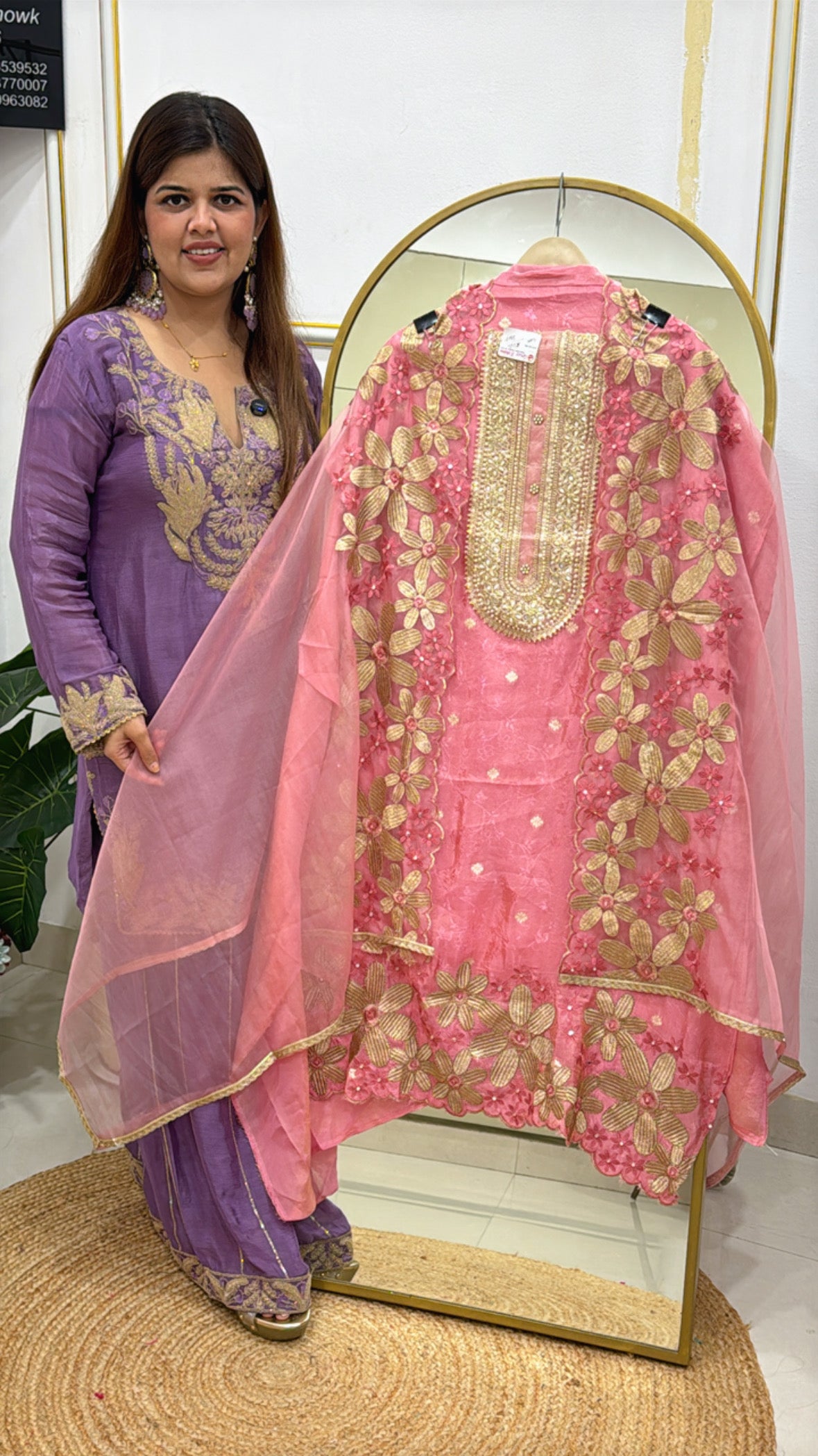 Designer semi partywear looking pure silk shirt material along with pearl mirror handwork neck with designer scalped organza dupatta GF 551