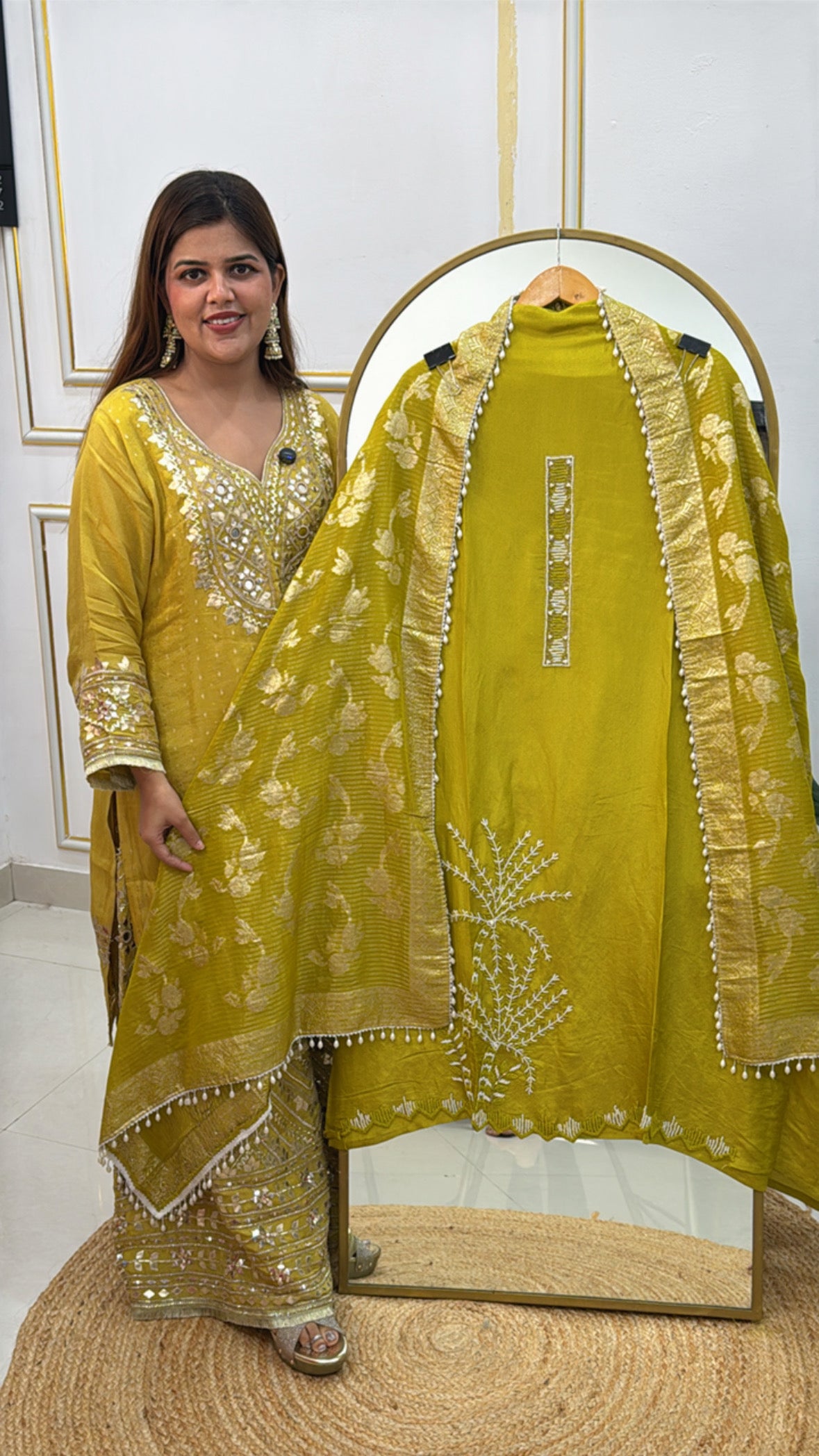 Designer pure shimmer silk suit material with unique handwork detailing along with heavy weaved silk dupatta GF484