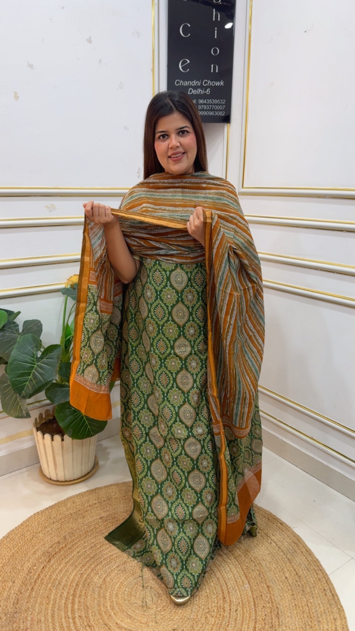 Maheshwari silk Patola Ikkat style printed suit material with unique printed dupatta and beautiful printed bottom GF1178 Green
