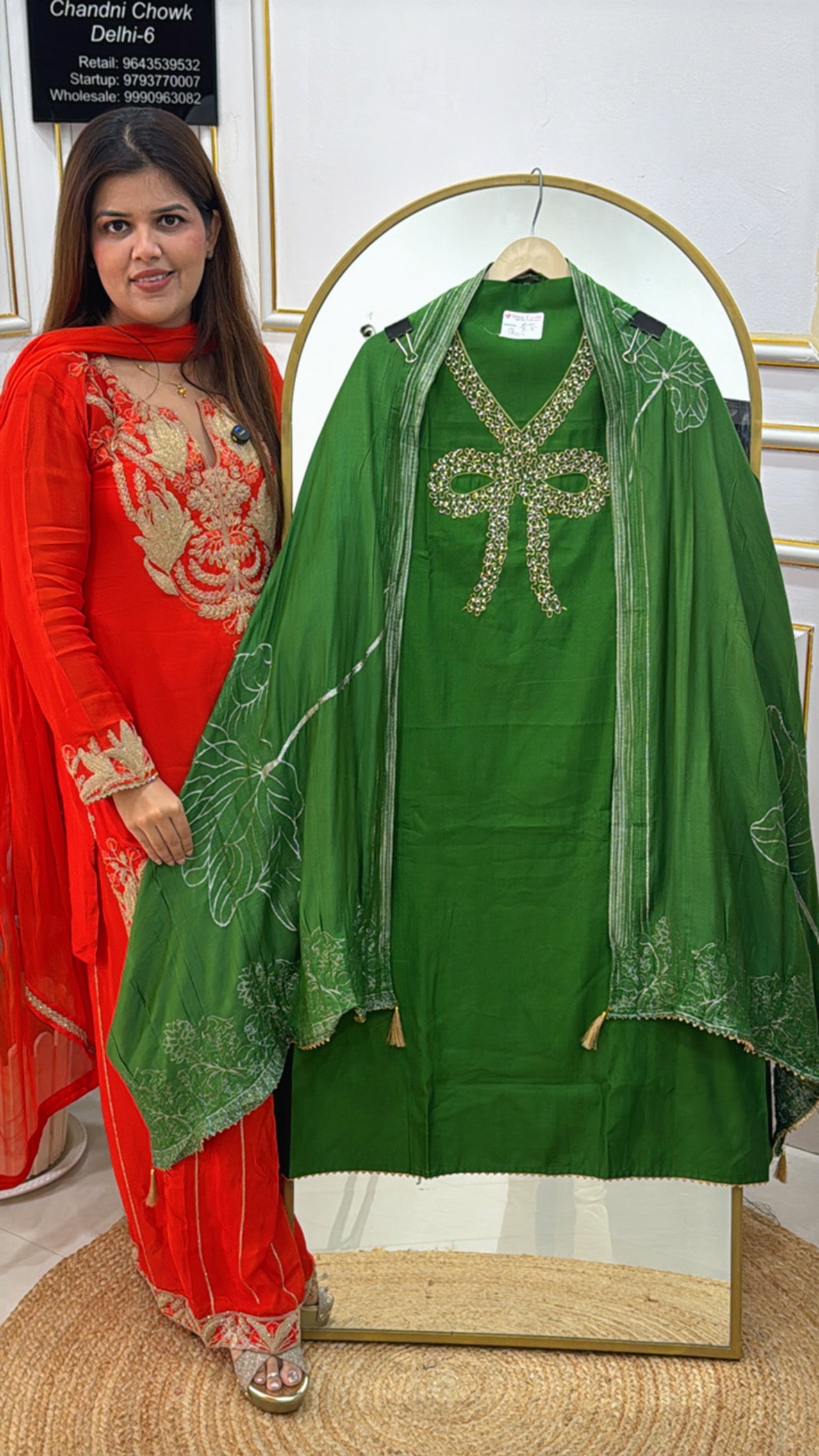 Heavy linen silk suit material with handwork neck along with cotton silk weaved dupatta GF499