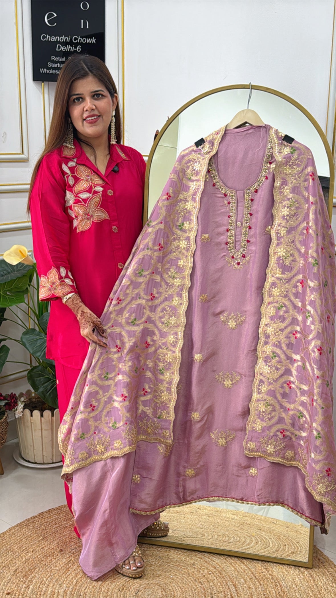 Premium Designer Silk Suit Material with Handwork Neck &amp; Weaved Dupatta GF 283