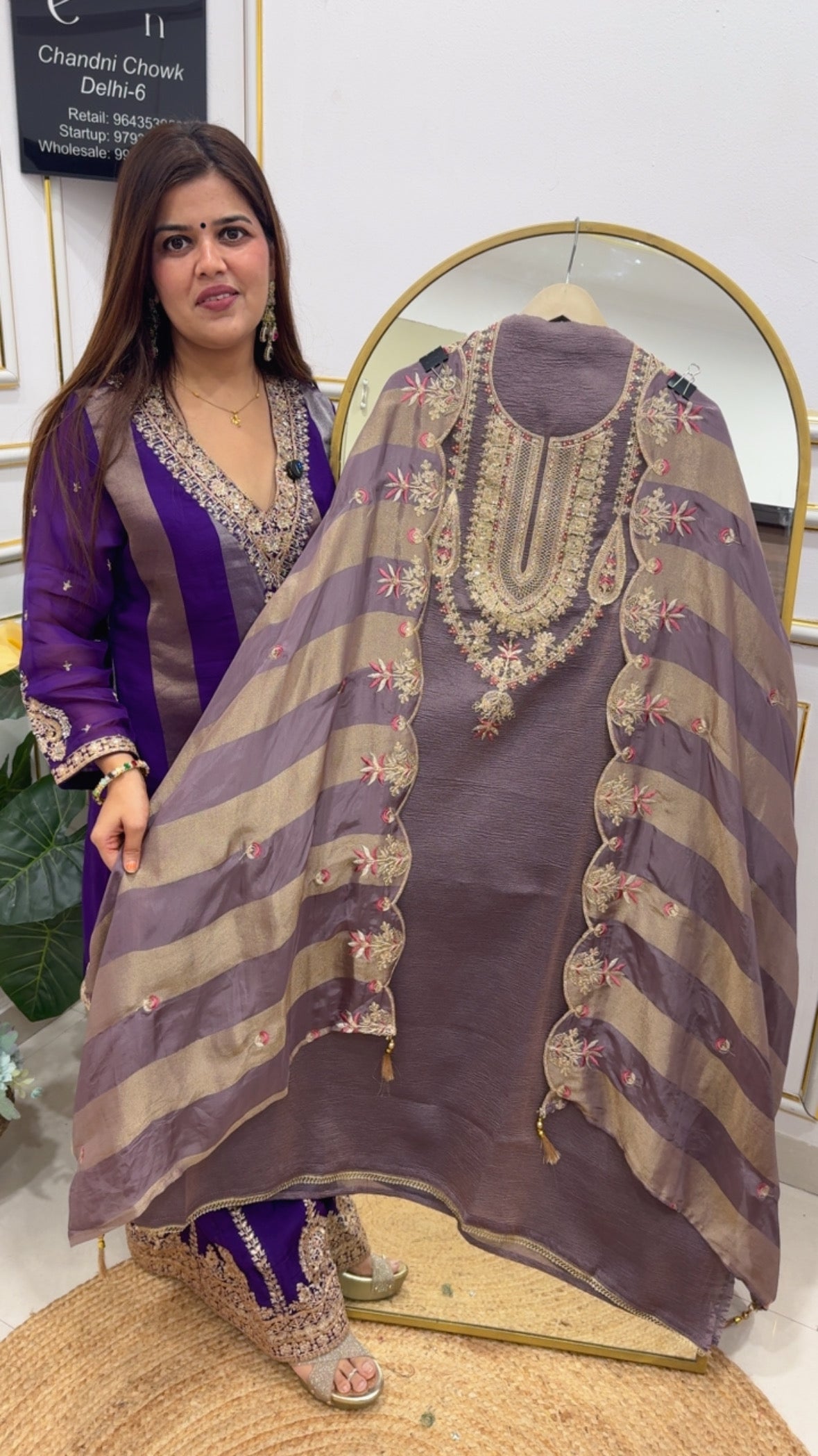 Partywear special designer crushed silk material along with designer scalped dupatta suit material with metallic colour chart GF760