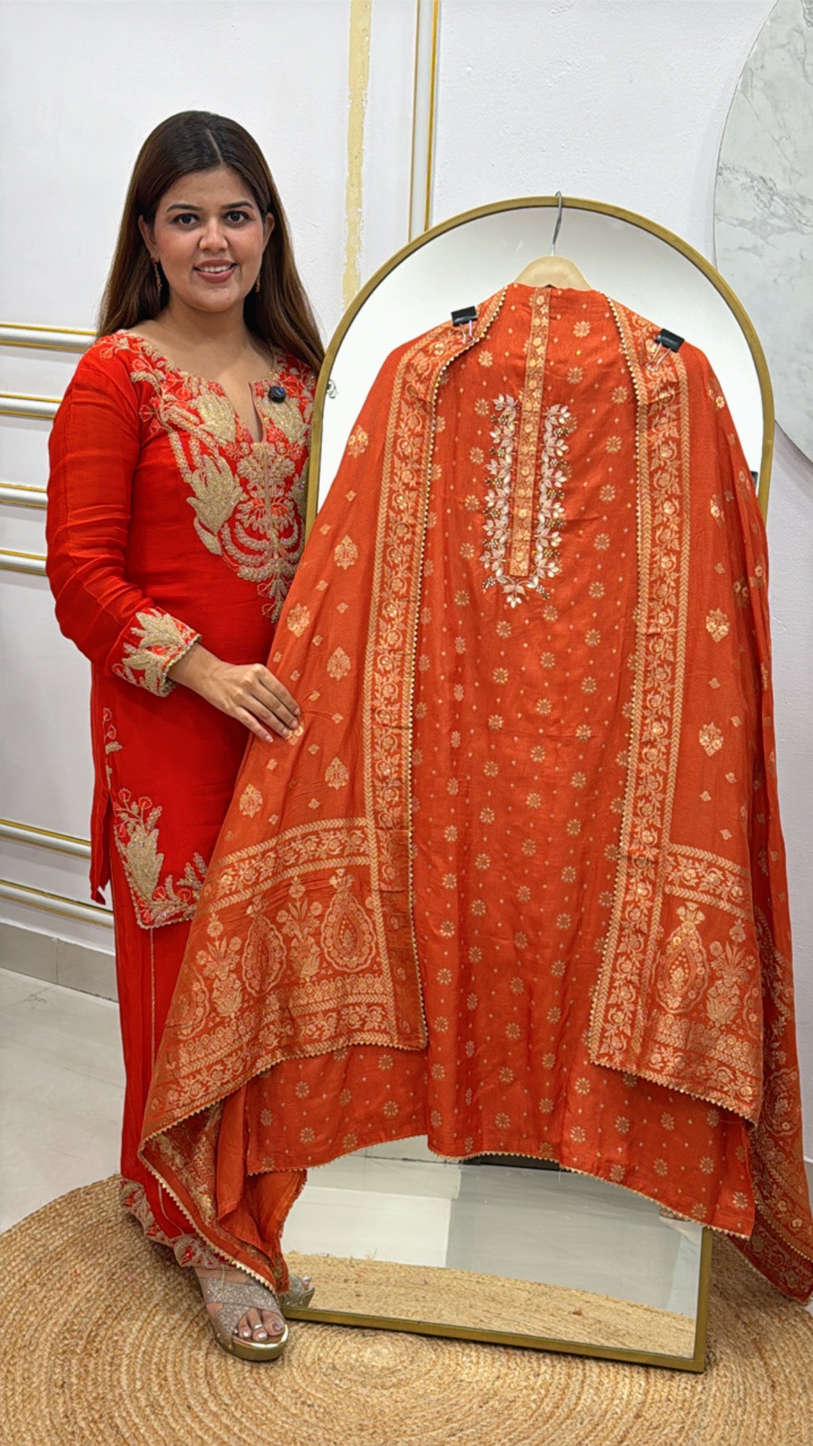 Super stylish pure silk suit material with designer handwork along with weaved banarasi dupatta GF492