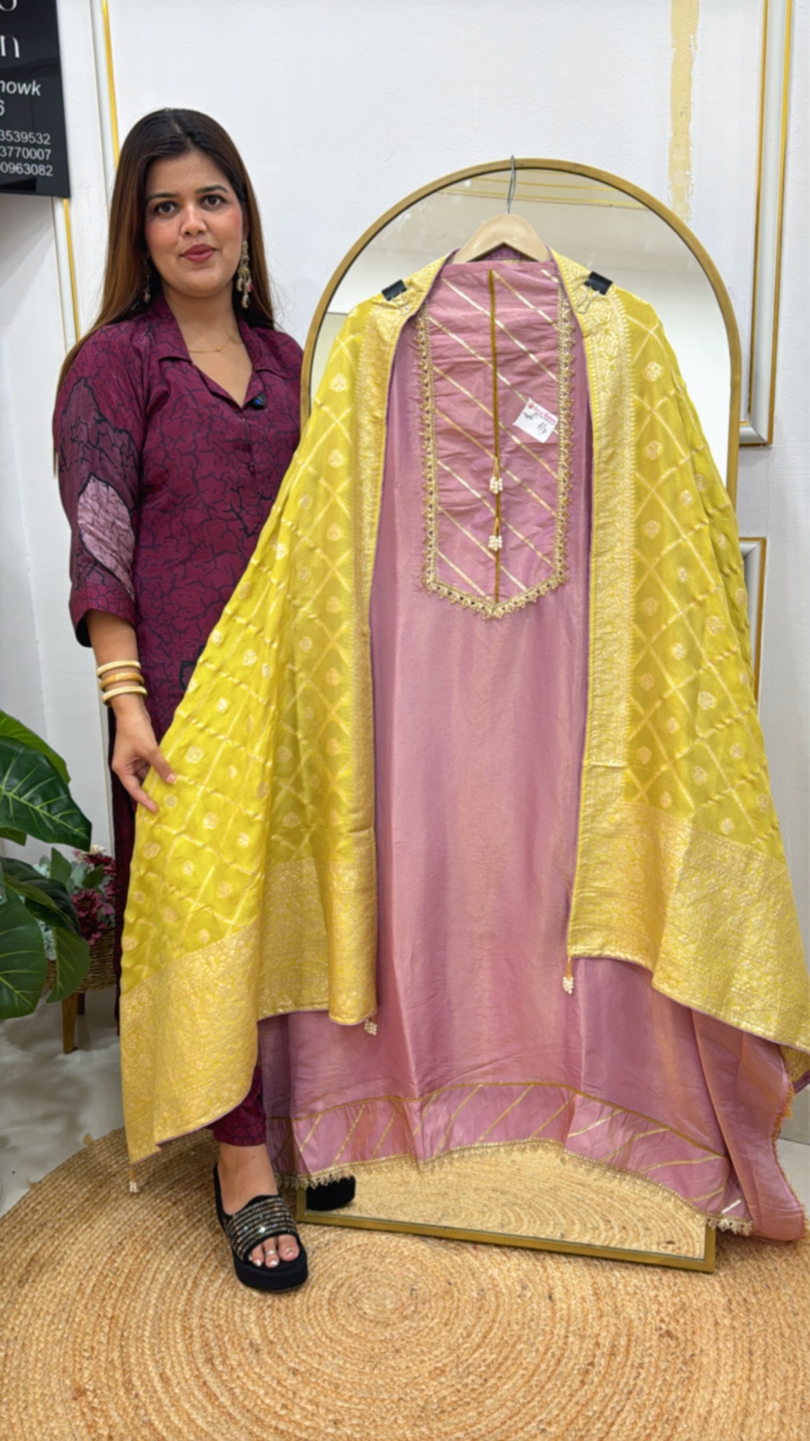 Festival gifting special pure silk shirt with gota neck work along full banarasi weaved dupatta GF592