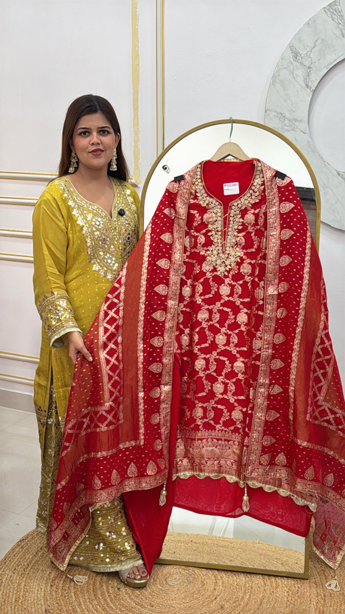 Wedding special partywear full weaved work organza silk shirt with handwork neck along with full length pure weaved dupatta GF479