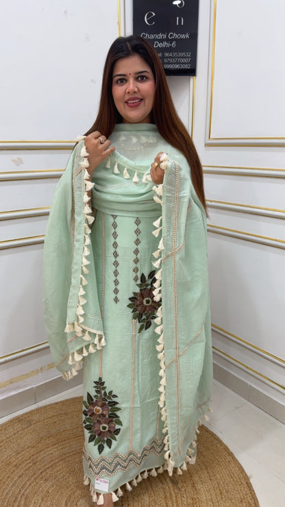 Ultra luxurious pure Mul Mul premium suit material with hand embroidery motif and stone embellishments along with bohemian look classy dupatta GF1145 LIGHT GREEN