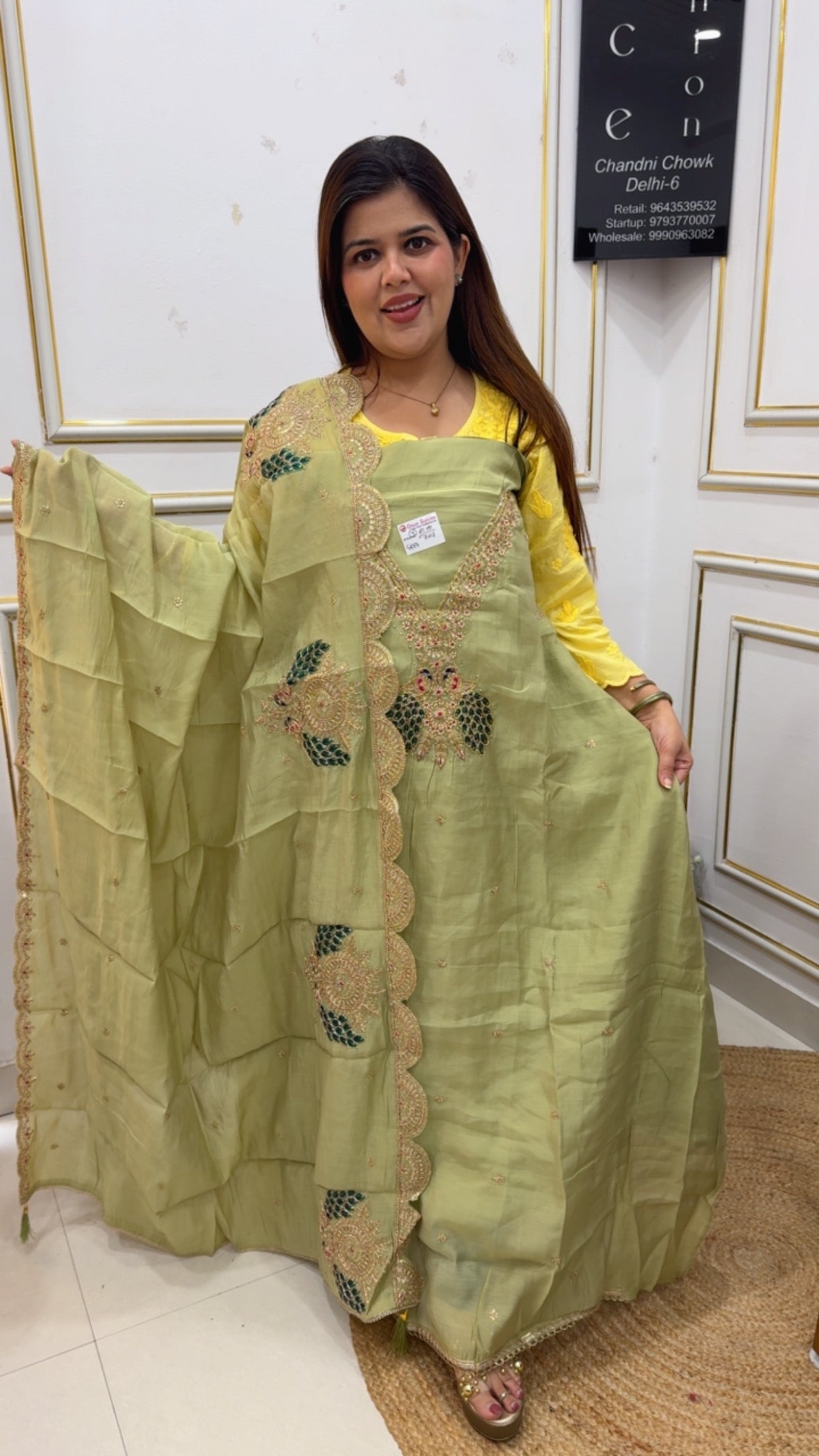 Summer and partywear exclusive cotton Moddal silk handwork detailing suit material along with premium quality handwork dupatta gf1204 Ivory Green