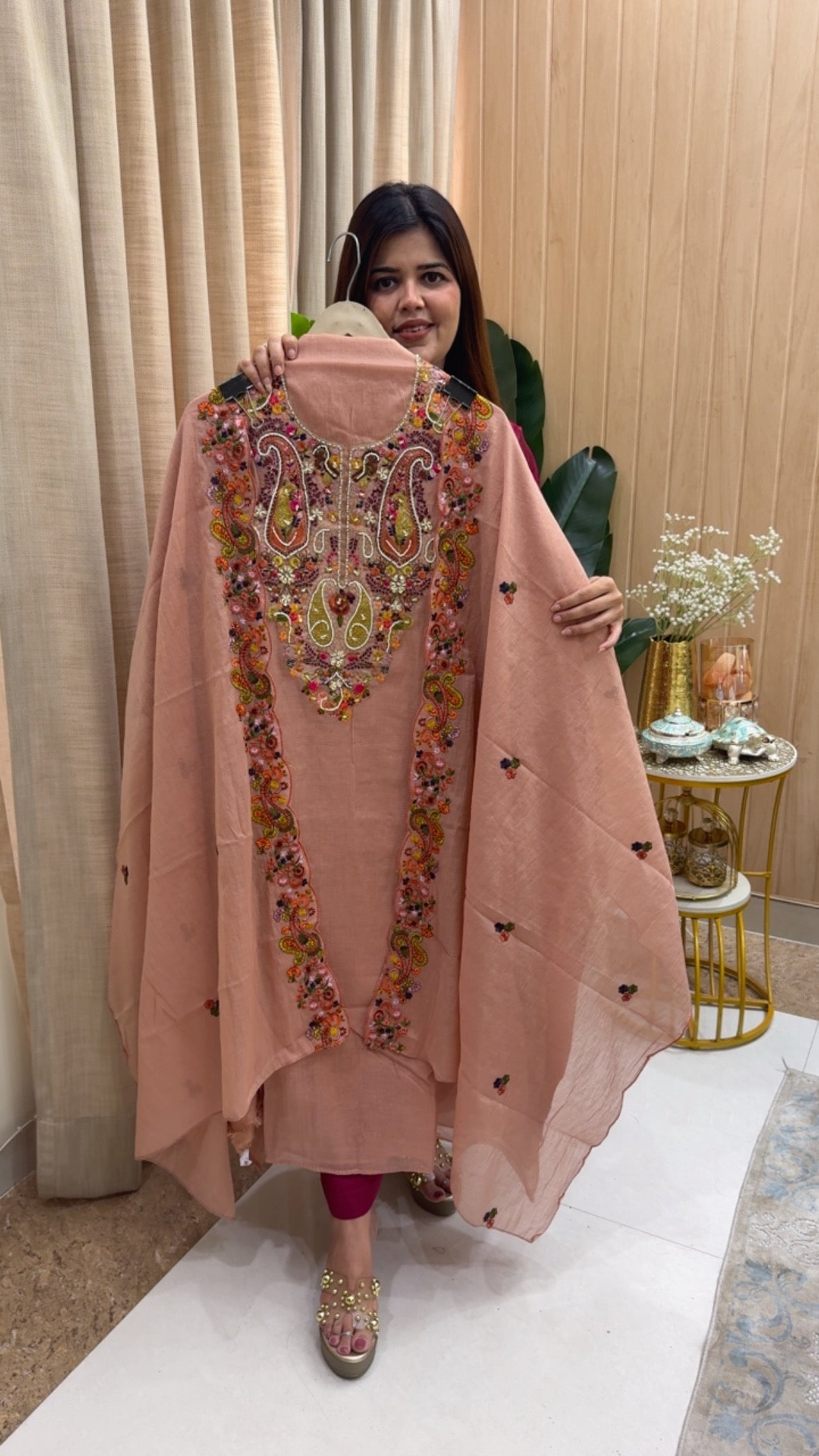 Semi partywear super classy and comfortable hand wooden bead work beautifully crafted pure Mul Mul suit material GF1158 Antique Peach