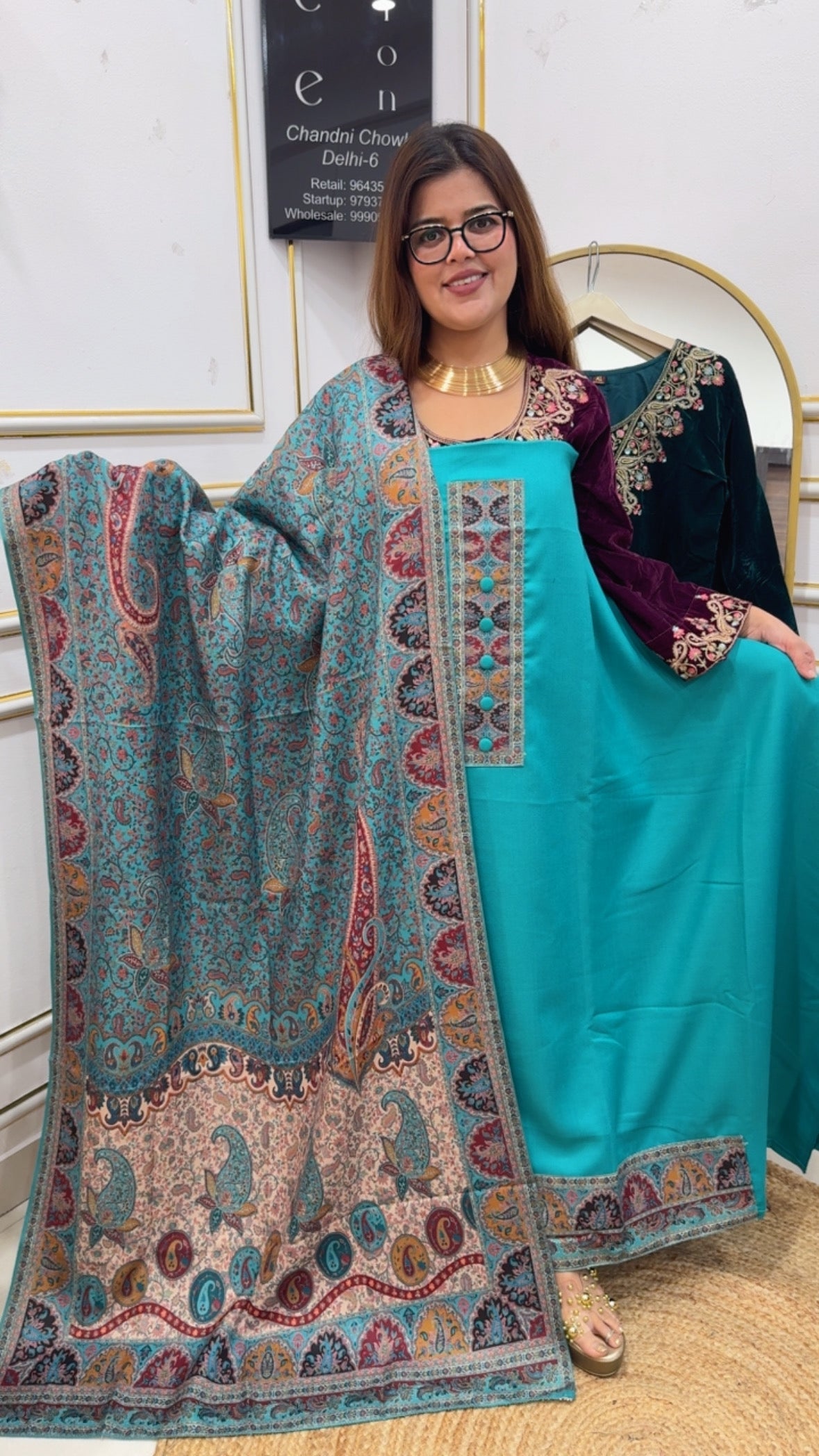 Warm pashmina beautiful pure pashmina suit material with kani printed pashmina shawls and pashmina bottom GF886