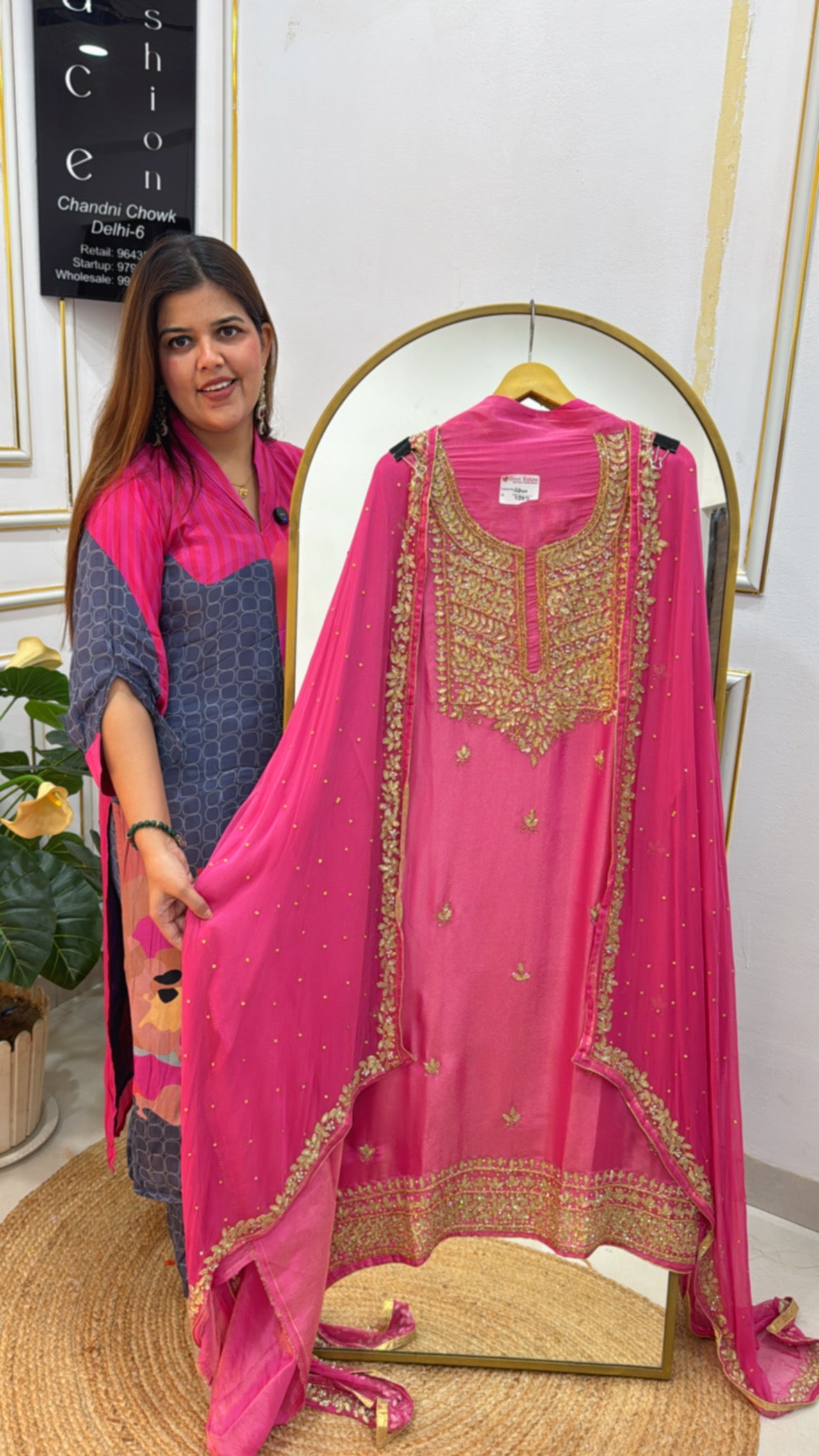 Partywear special designer handwork shimmer silk suit material along with all over handwork designer chiffon dupatta GF581