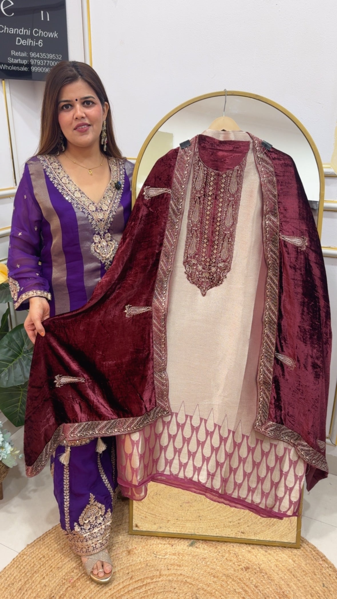 Designer wedding special premium kanjivaram weaved winter special suit material along with designer velvet dupatta and pashmina bottom  GF758