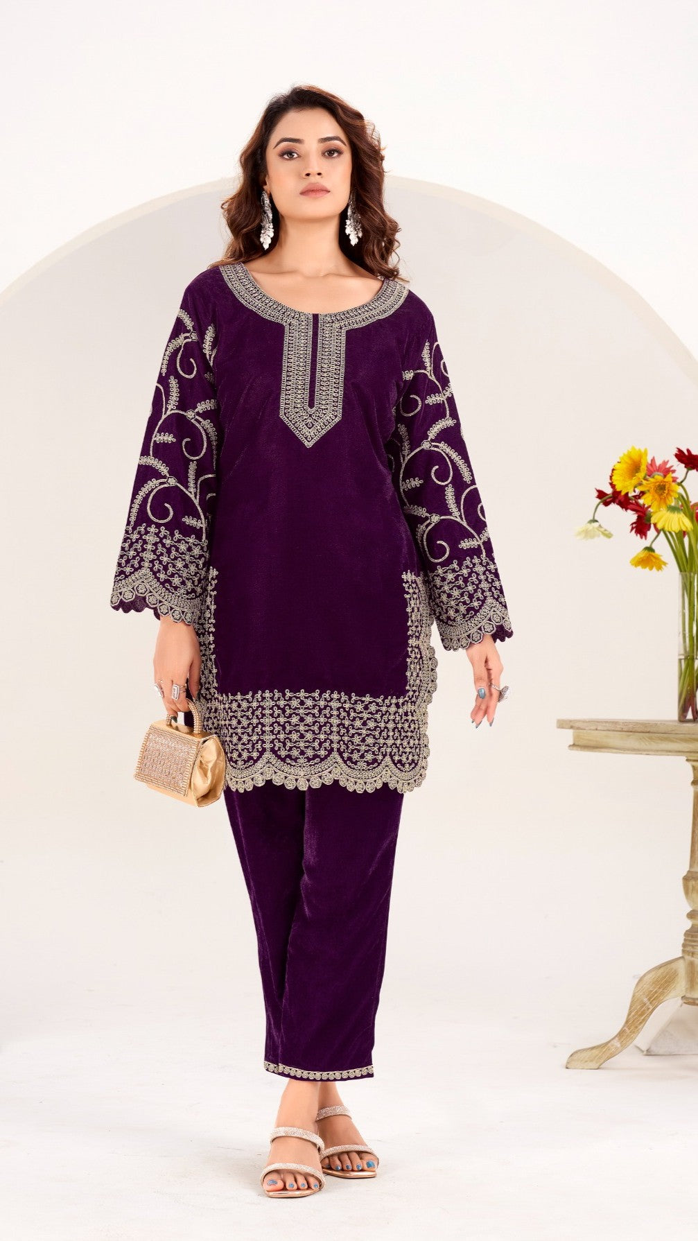 Beautiful Ready To Wear Winter Velvet Coord Set Full embroidery work over sleeves and all over Coordset very pretty and comfortable GF861