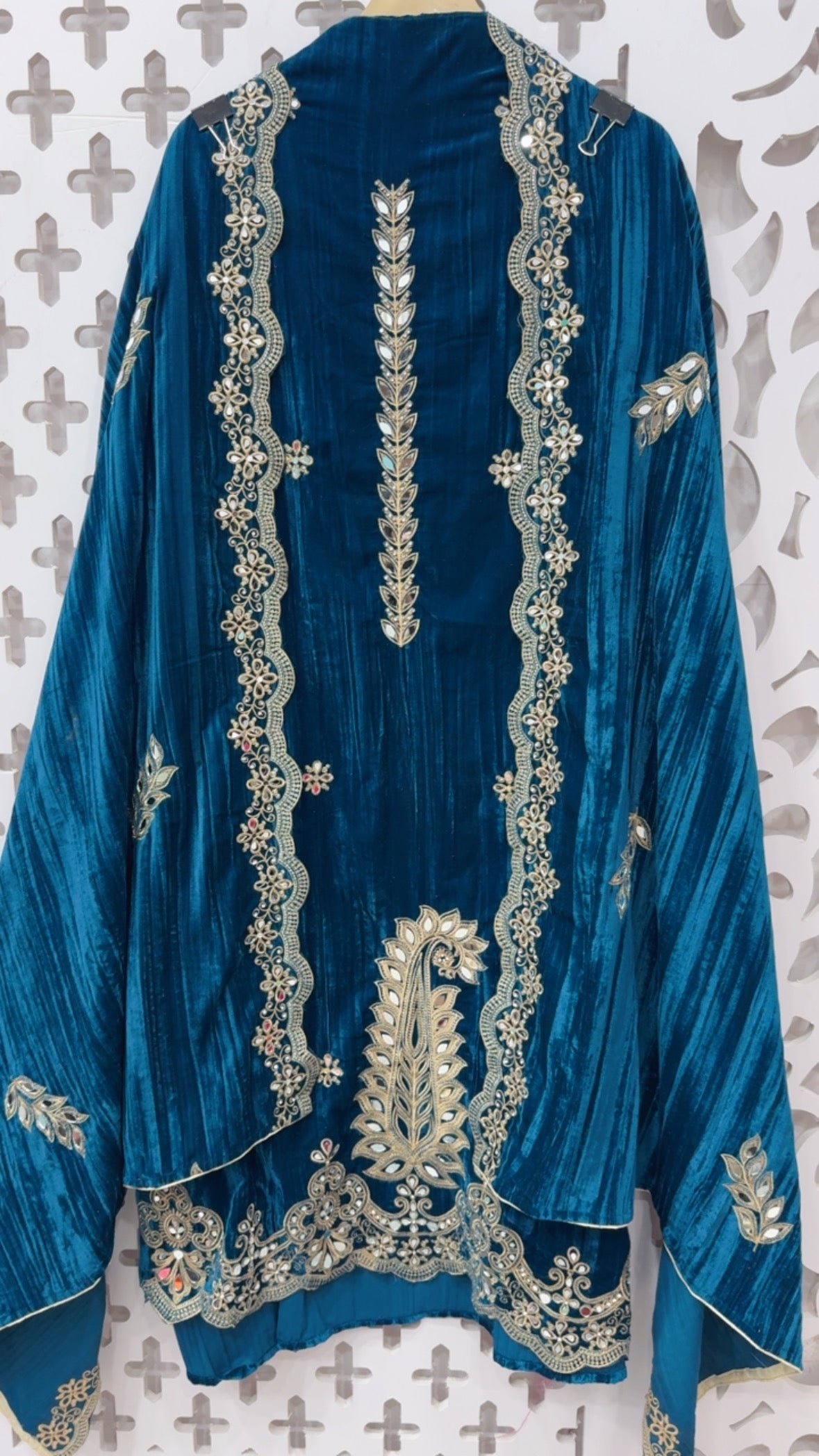 Premium luxury wedding style  crushed velvet suit material with pure handwork mirror deatailing  along with handwork crush velvet dupatta and bottom with handwork GF820