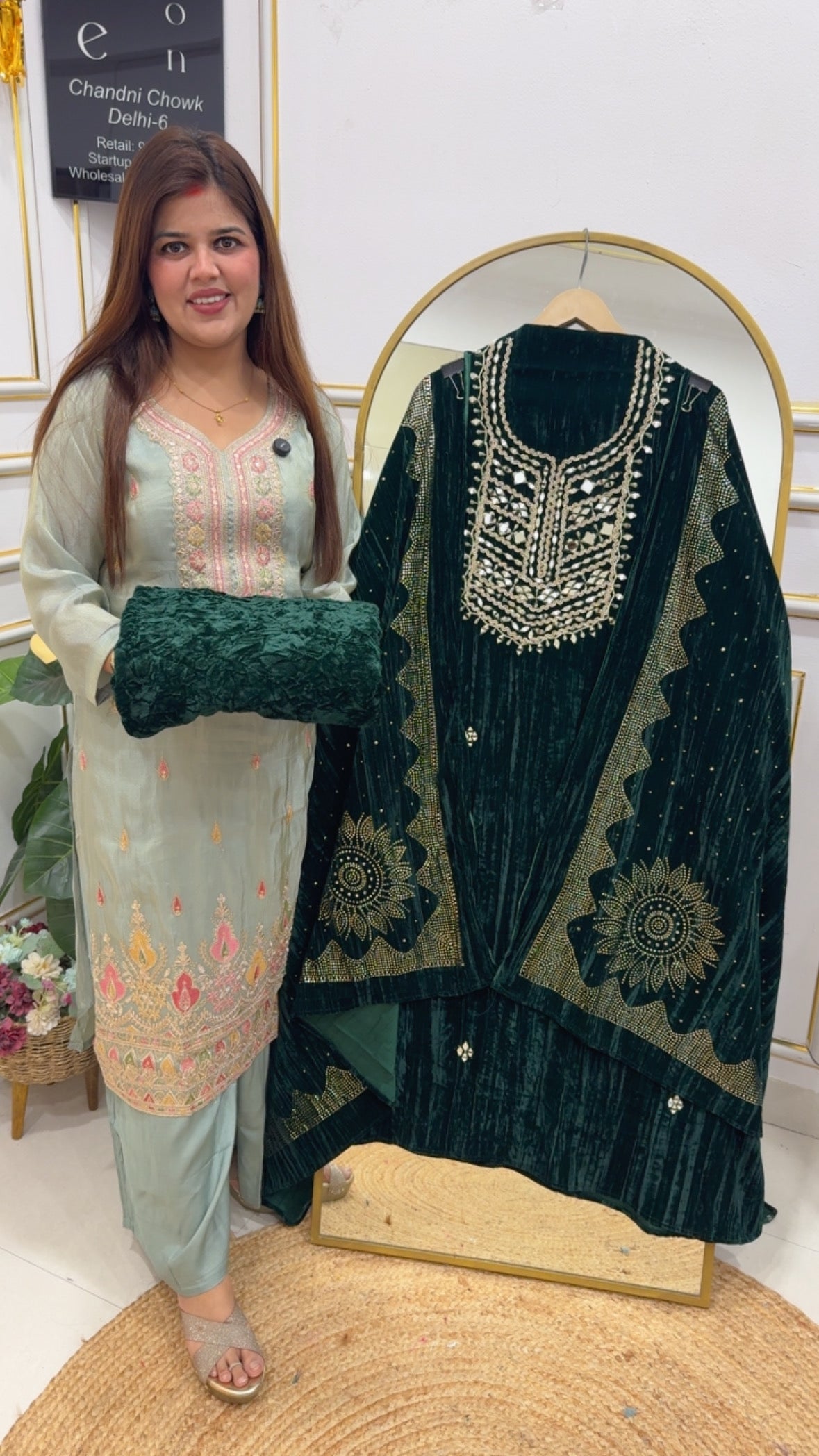 Premium and huge demanded pure 9000 grade velvet suit material with mirror handwork embellishment along with premium crushed velvet all over Mukesh work dupatta with premium quality bottom material GF770