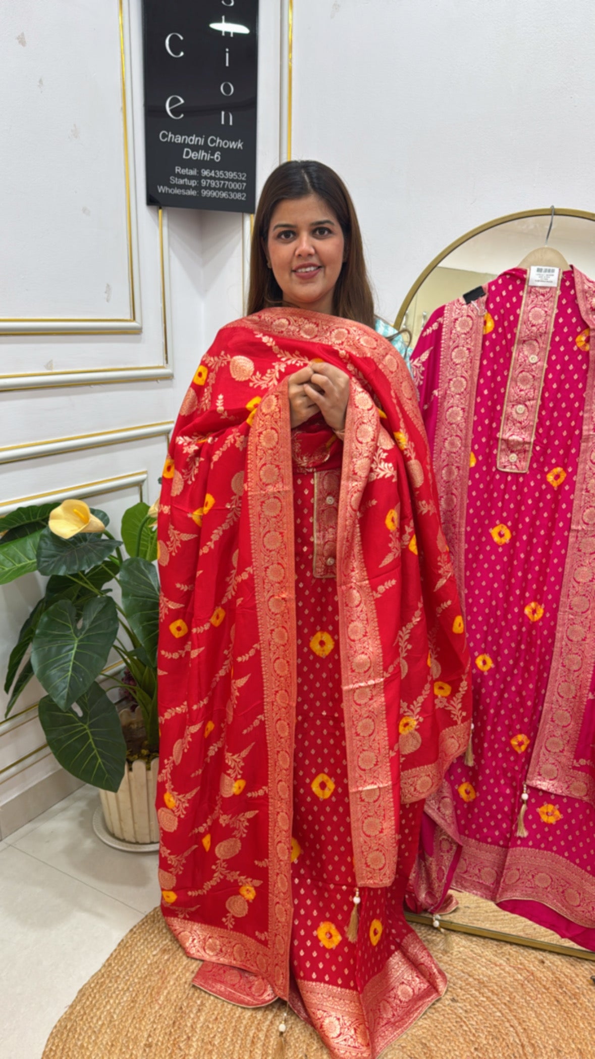 Festival special pure raw silk bandhani style fully weaved suit material along with full bandhani style weaved dupatta GF 605