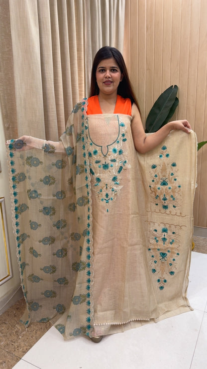 Style and elegant Moonga silk jamdhani embroidered classic suit material along with block print beautiful dupatta GF1210