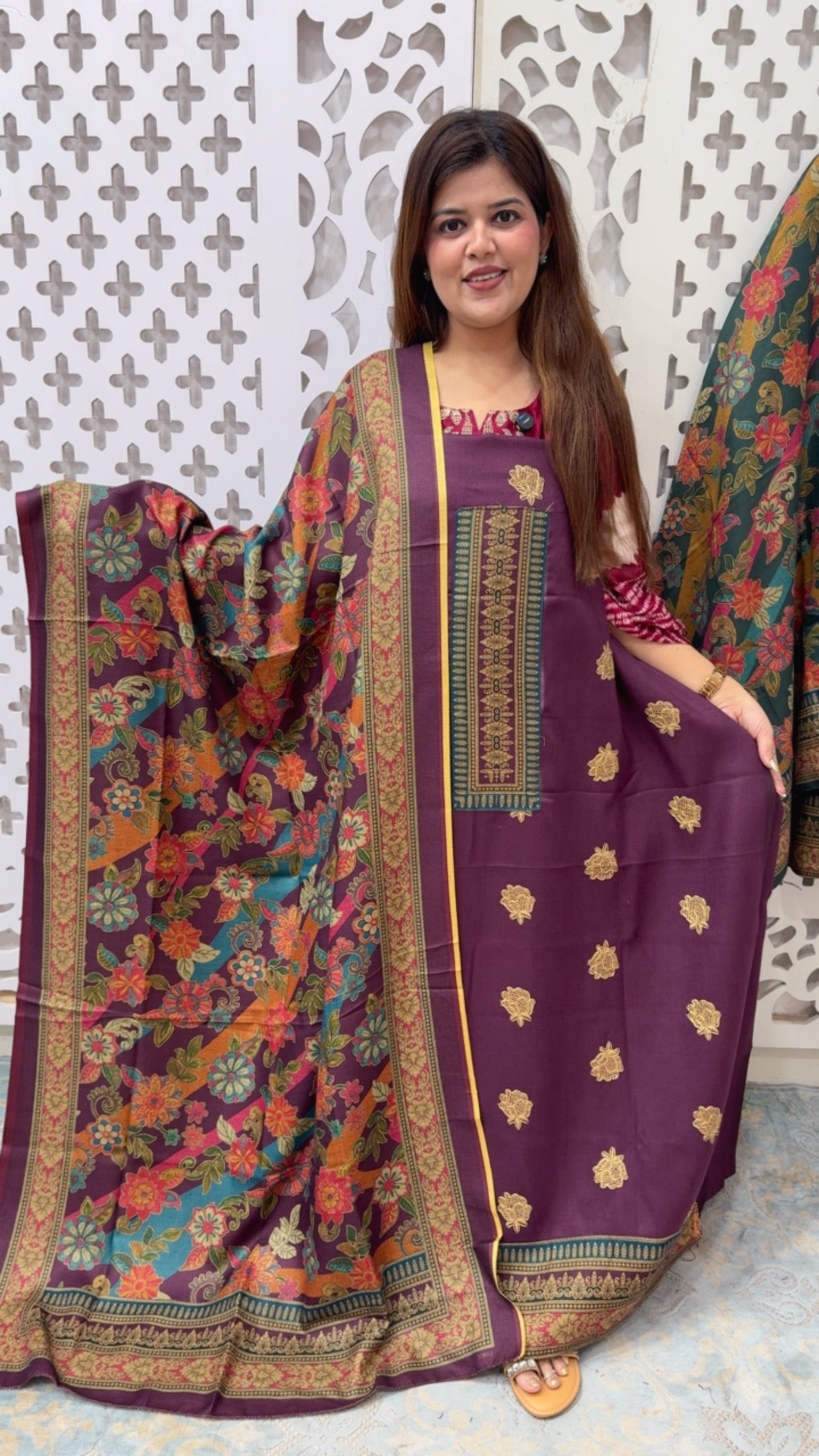 Winter wear pure embroidered pashmina suit material with full weaved dupatta prints best seller pashmina GF853