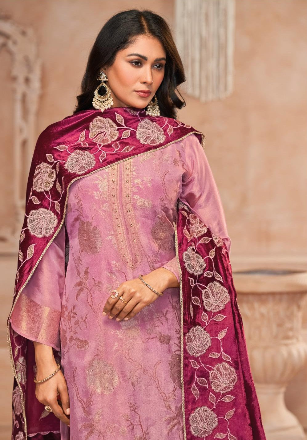 Velvet Glam pure kajivaram Full weaved suit material with silk bottom along with embroidered Velvet dupatta GF730