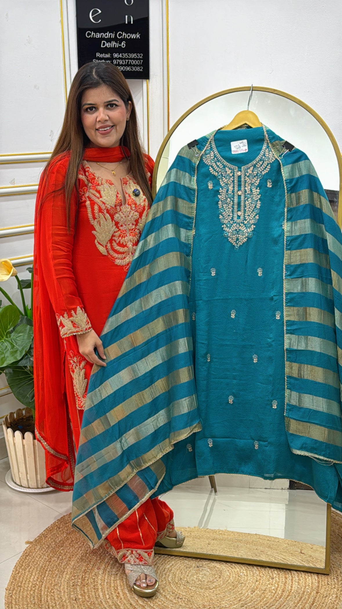 Semi partywear raw modal silk shirt with embroidered neck along with designer shimmer silk dupatta GF505