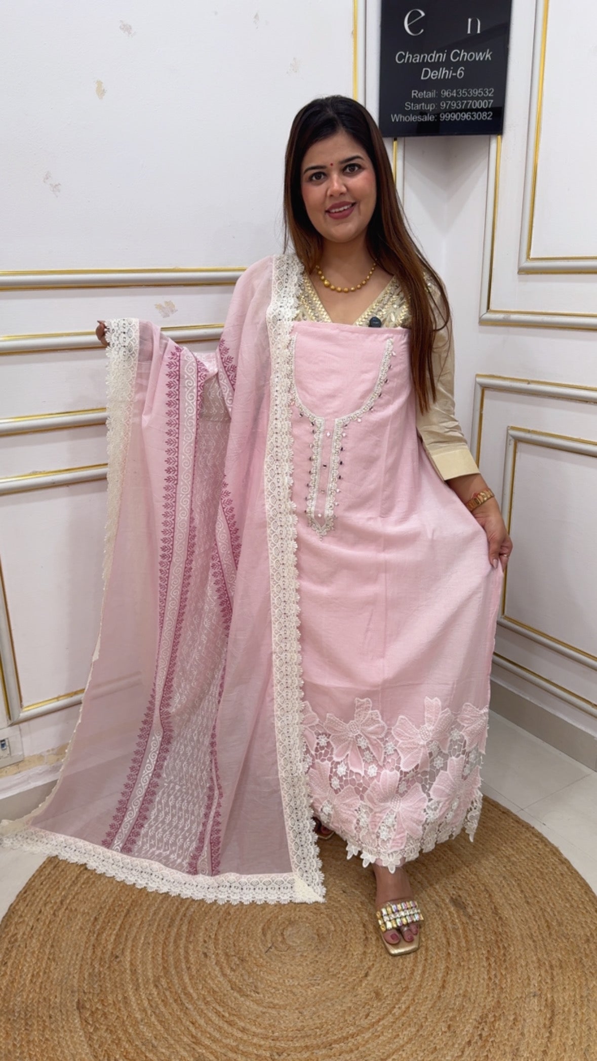 Stylist and classy super premium Mul Mul Karachi laces work suit material along with pure cotton full length printed dupatta GF1148 Blush Rose Pink