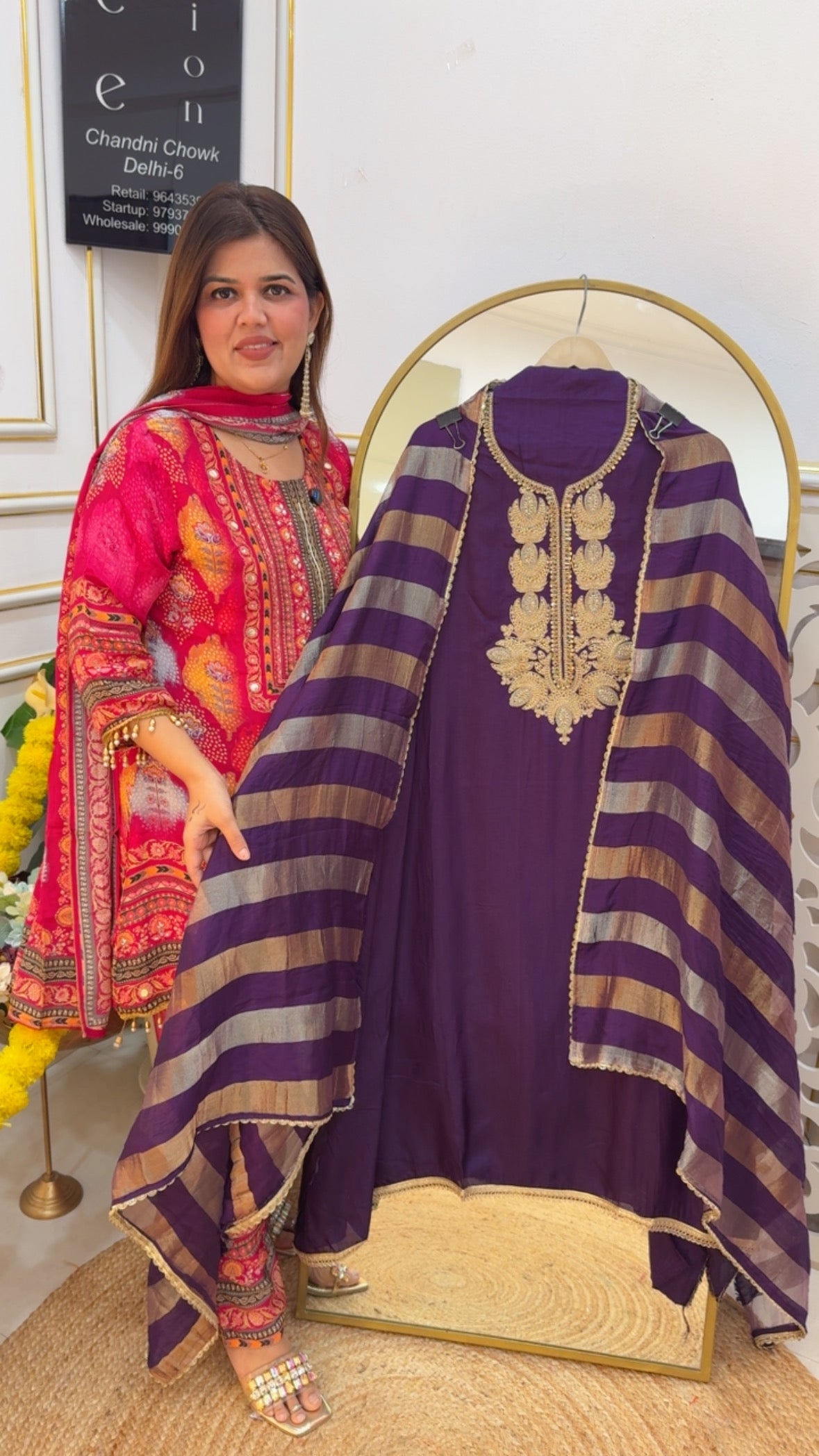 Trending pure raw Moddal silk with partywear neck handwork with premium Burberry silk dupatta GF728