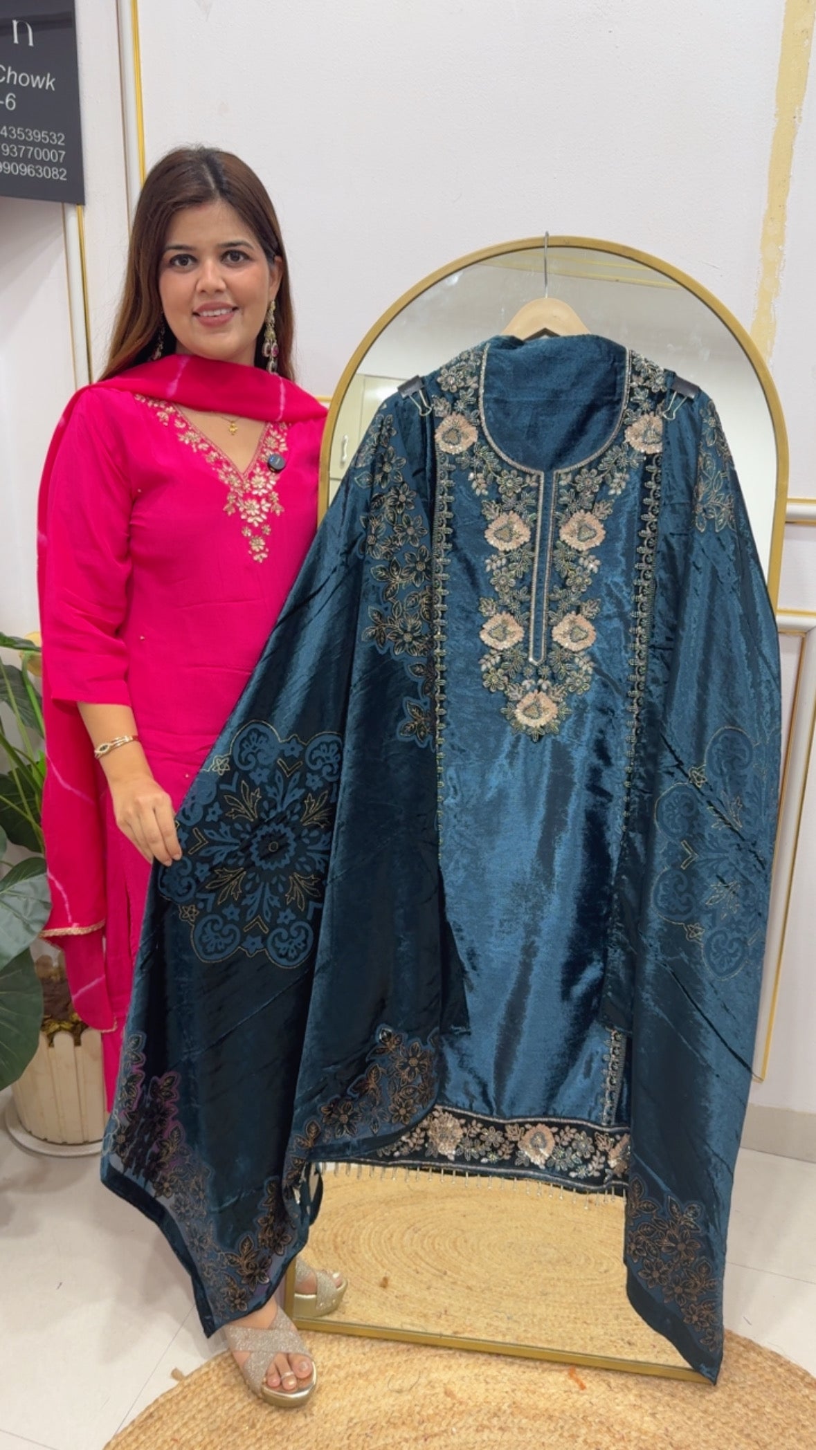 Royal and Designer pure velvet partywear handwork pashmina suit materials with royal Brasso velvet dupatta with premium handwork detailing neck with premium velvet bottom GF790