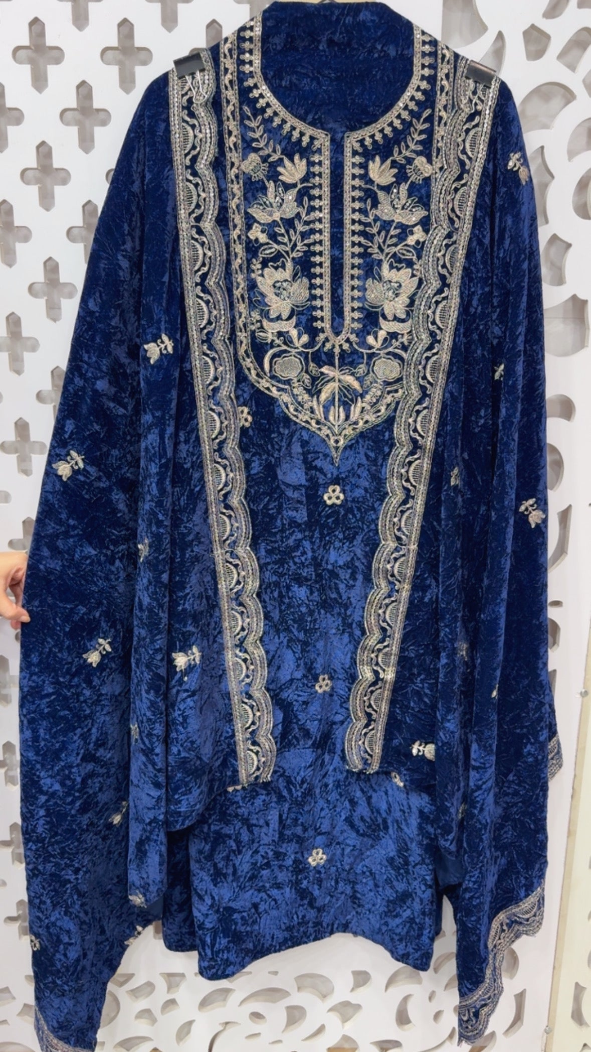 Super Royal crushed velvet  style and elegant full work velvet suit material with full work dupatta and velvet bottom GF840