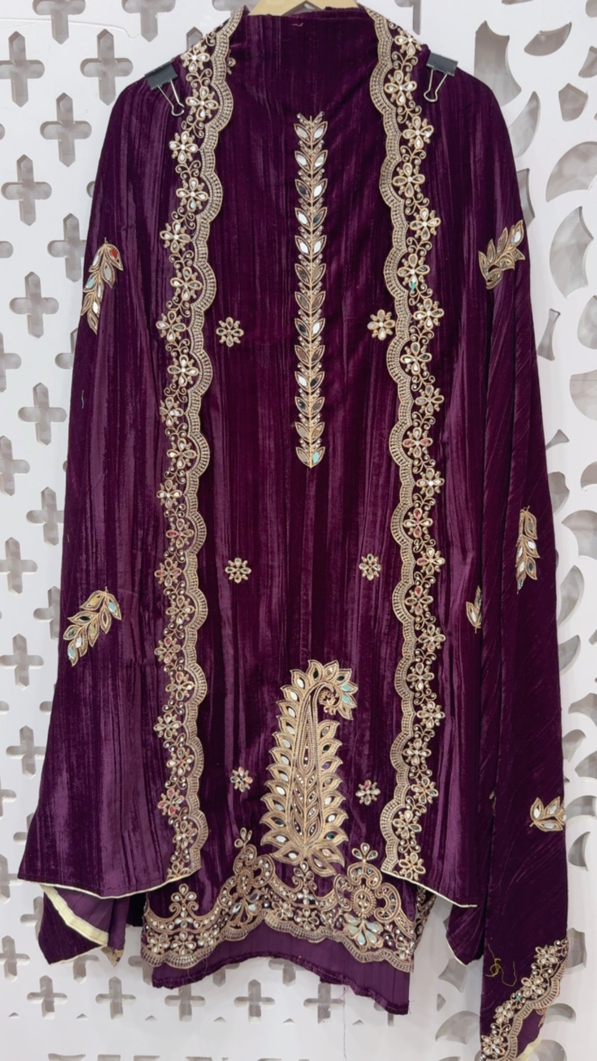 Premium luxury wedding style  crushed velvet suit material with pure handwork mirror deatailing  along with handwork crush velvet dupatta and bottom with handwork GF820