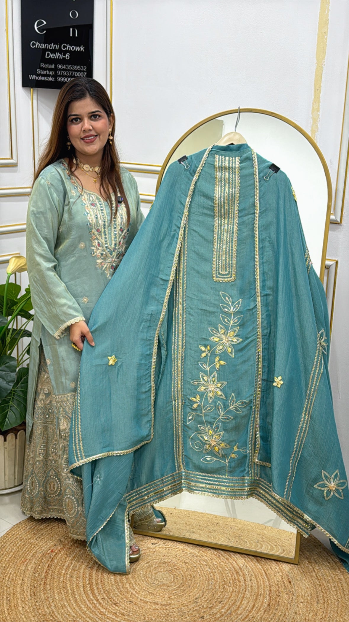 premium pure crushed shimmer silk suit material with elegant gota work all over shirt and dupatta GF561