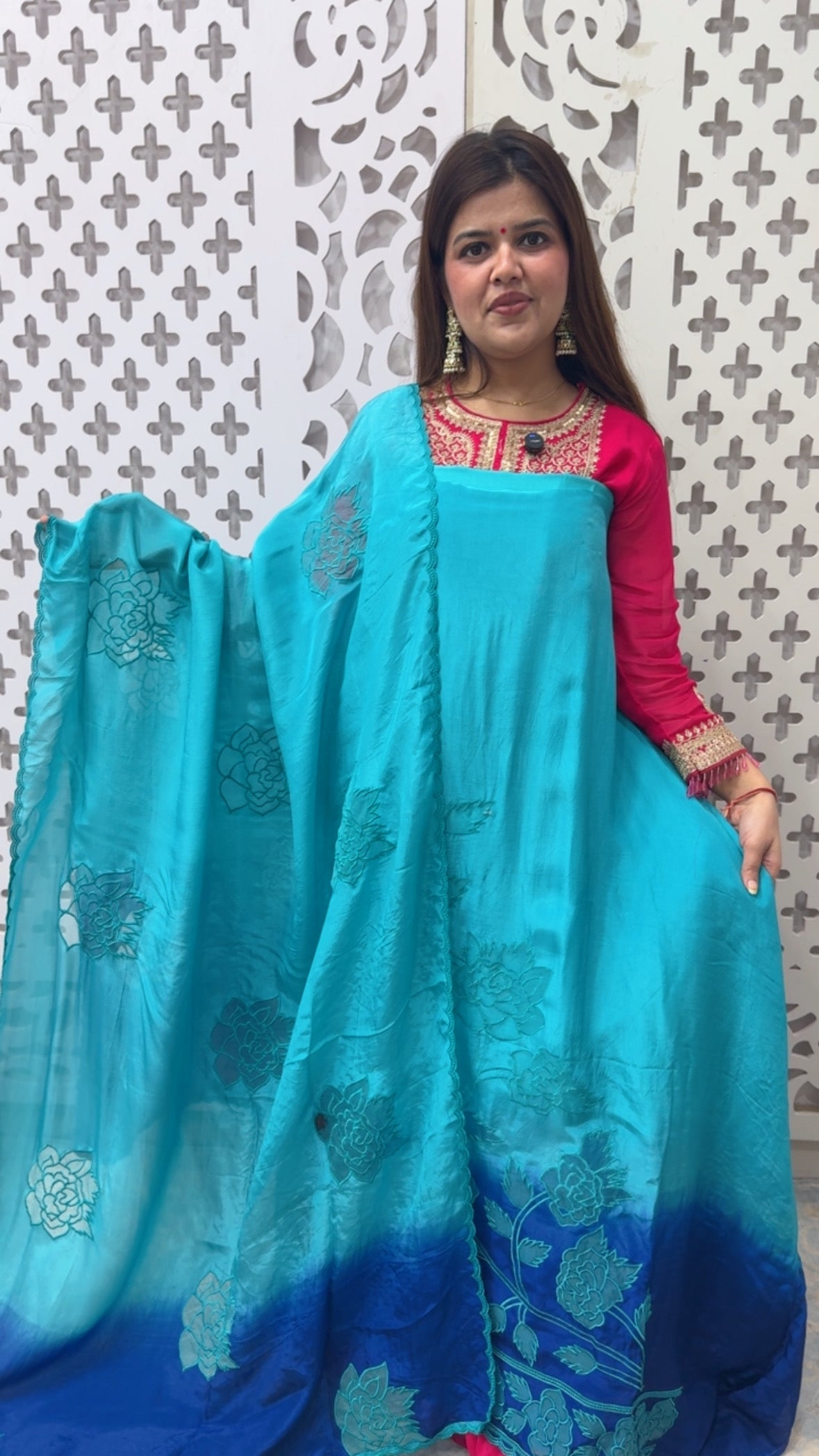 Vibrant premium pure crape silk suit material with laser Applique work detailing along with beautiful ombre GF 829