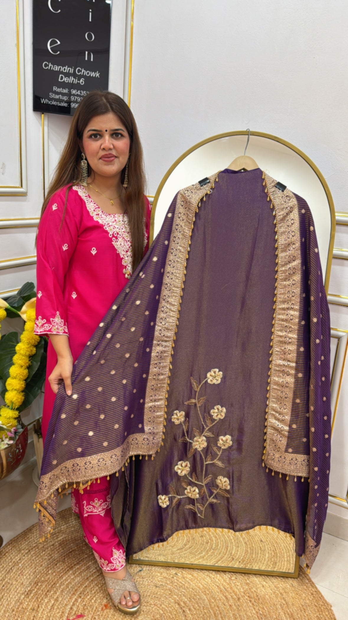 Premium and elegant partywear pure shimmer silk handwork detailing suit material with designer fill length dupatta GF664