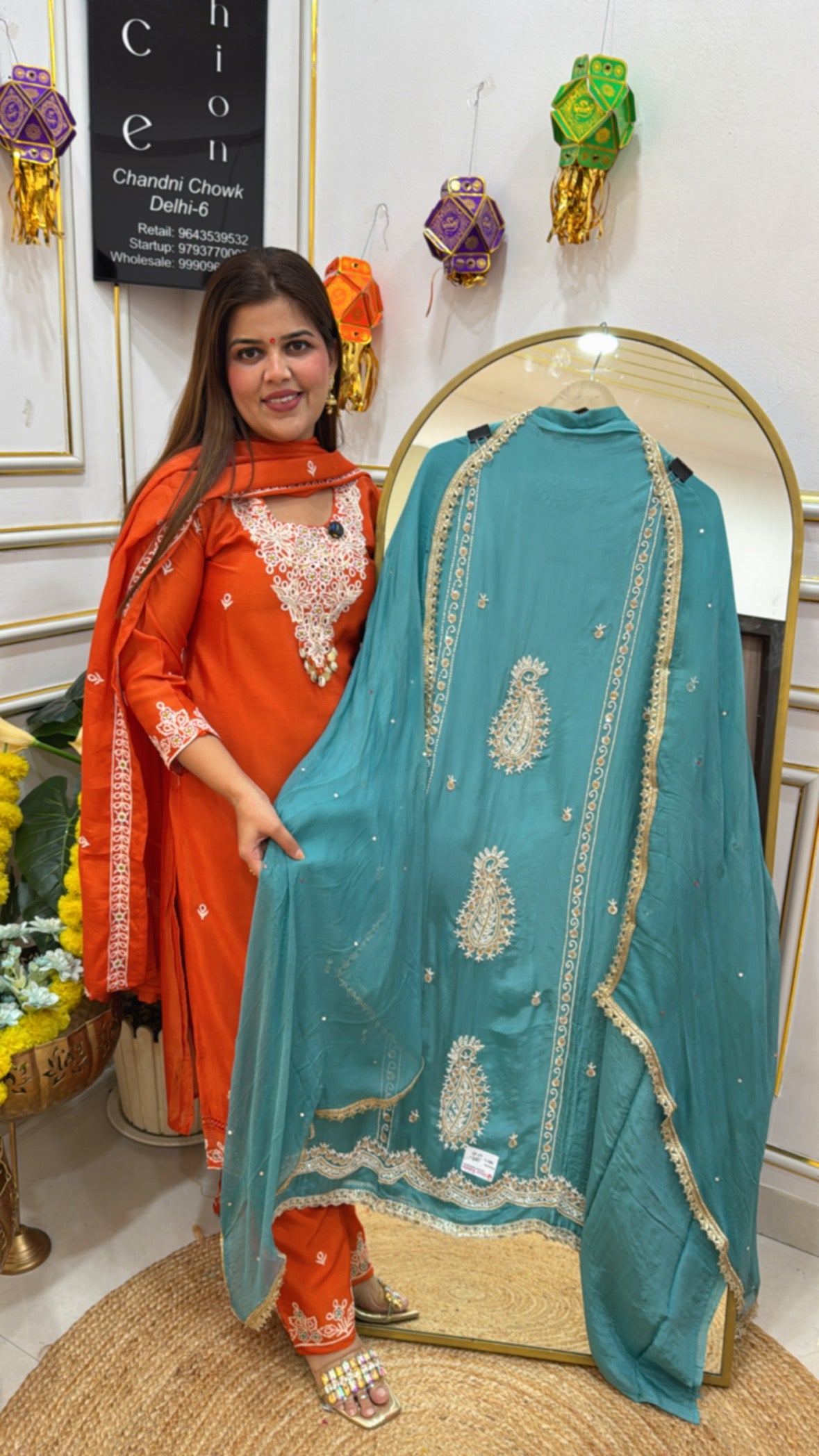 Handwork special premium crepe material suit material handwork motif all over shirt with chiffon dupatta GF672