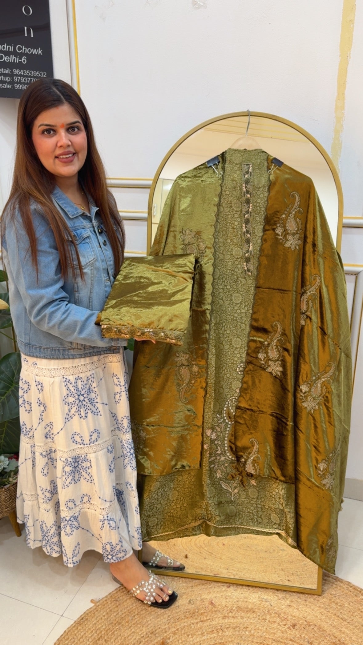 Premium and luxurious Brasso celebrity look suit material with all over applique work along with luxurious velvet dupatta and premium velvet bottom GF795