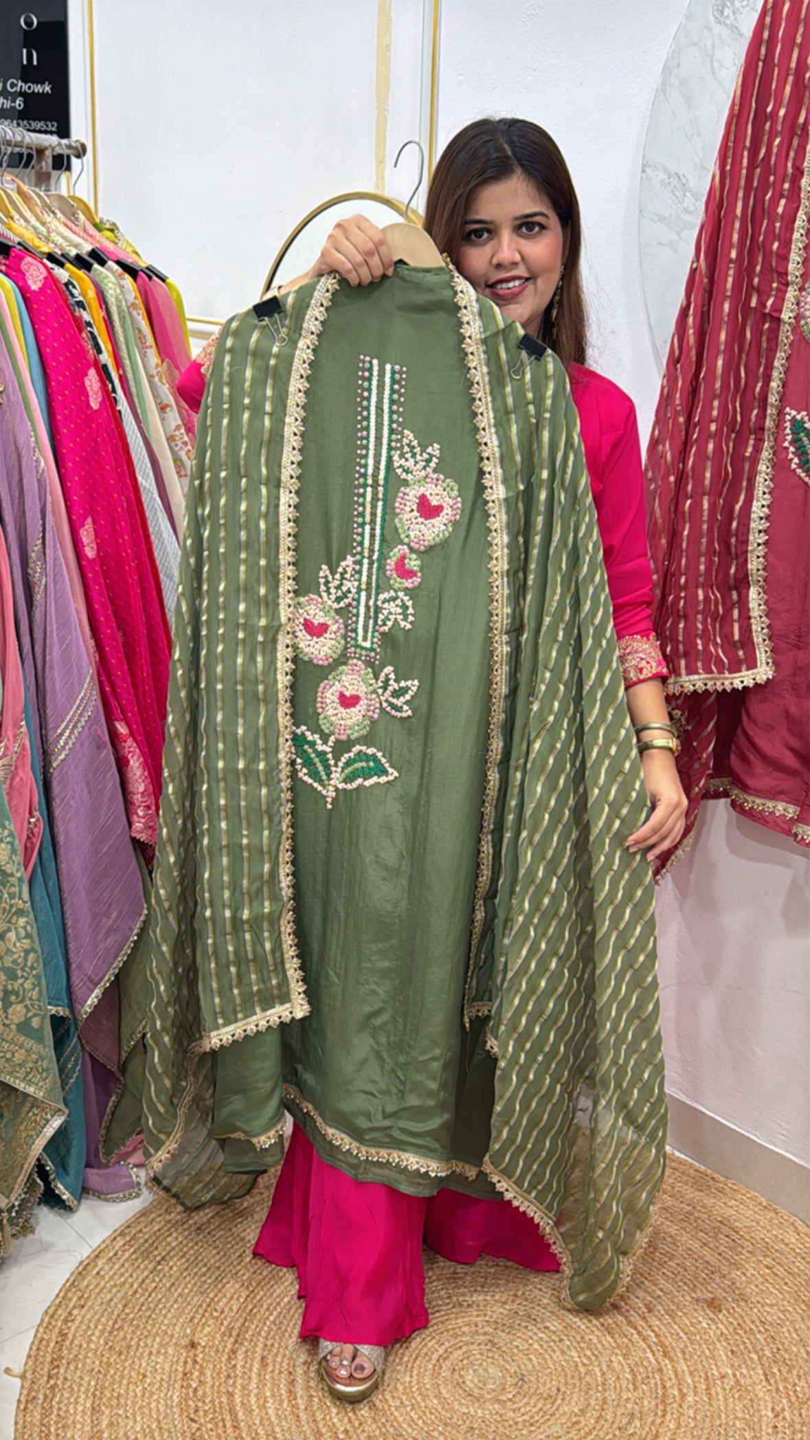 Partywear special latest 3d handwork over pure crushed shimmer silk shirt material along with designer silk dupatta GF558