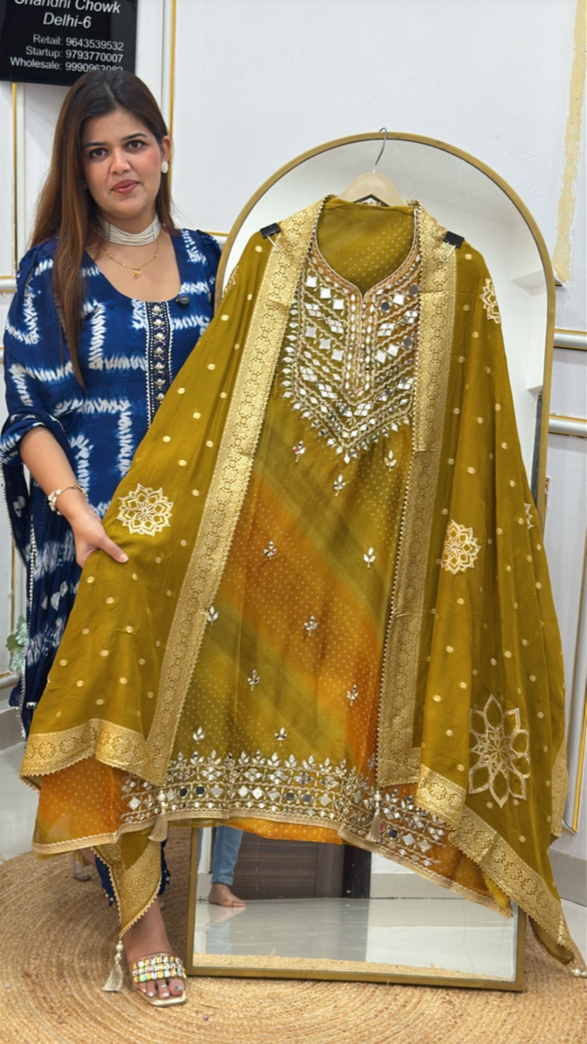 Partywear special pure mirror detailing shimmer silk suit material along with designer shimmer silk dupatta GF570
