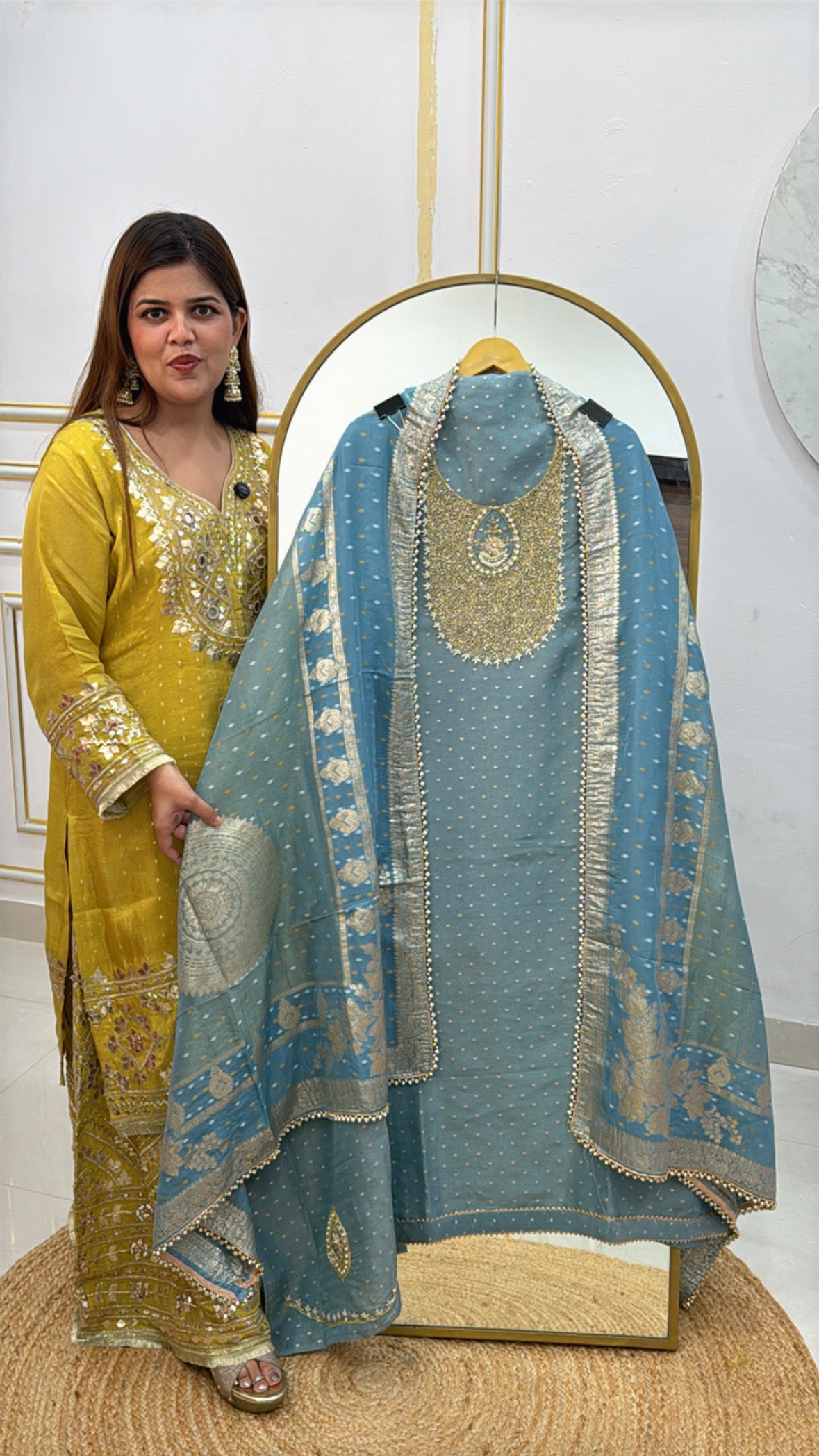 Partywear manual unique handwork suit material with full length weaved dupatta along with silk bottom GF483