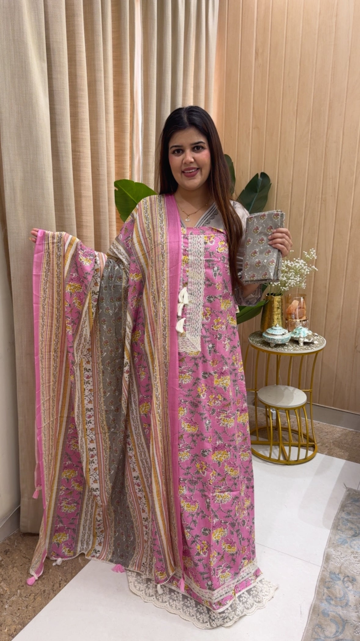 Pure cotton printed casual designer printed suit material with laces work along with printed dupatta and printed bottom gf1164 Pink