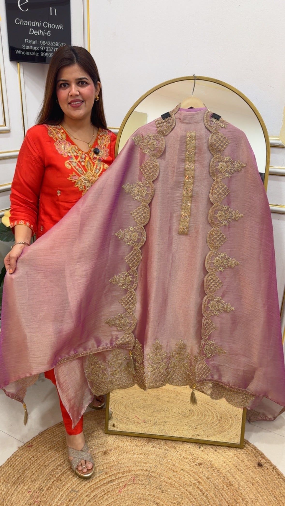 Royal and elegant tissue silk suit material with classy handwork detailing all over suit and dupatta GF761