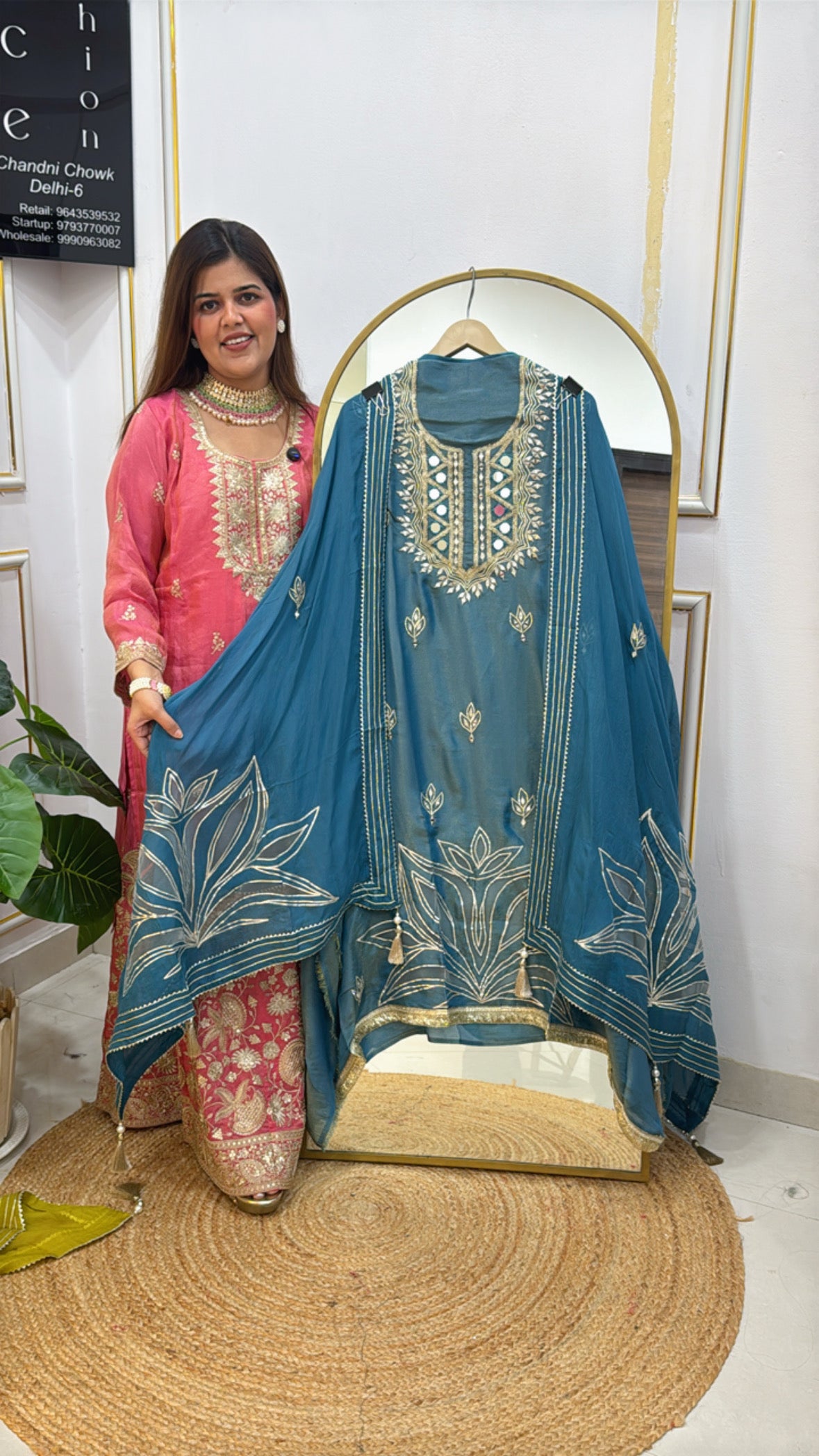 Latest and designer pure shimmer silk suit material along with neck mirror work and very unique applique detailing all over shirt and dupatta GF 599