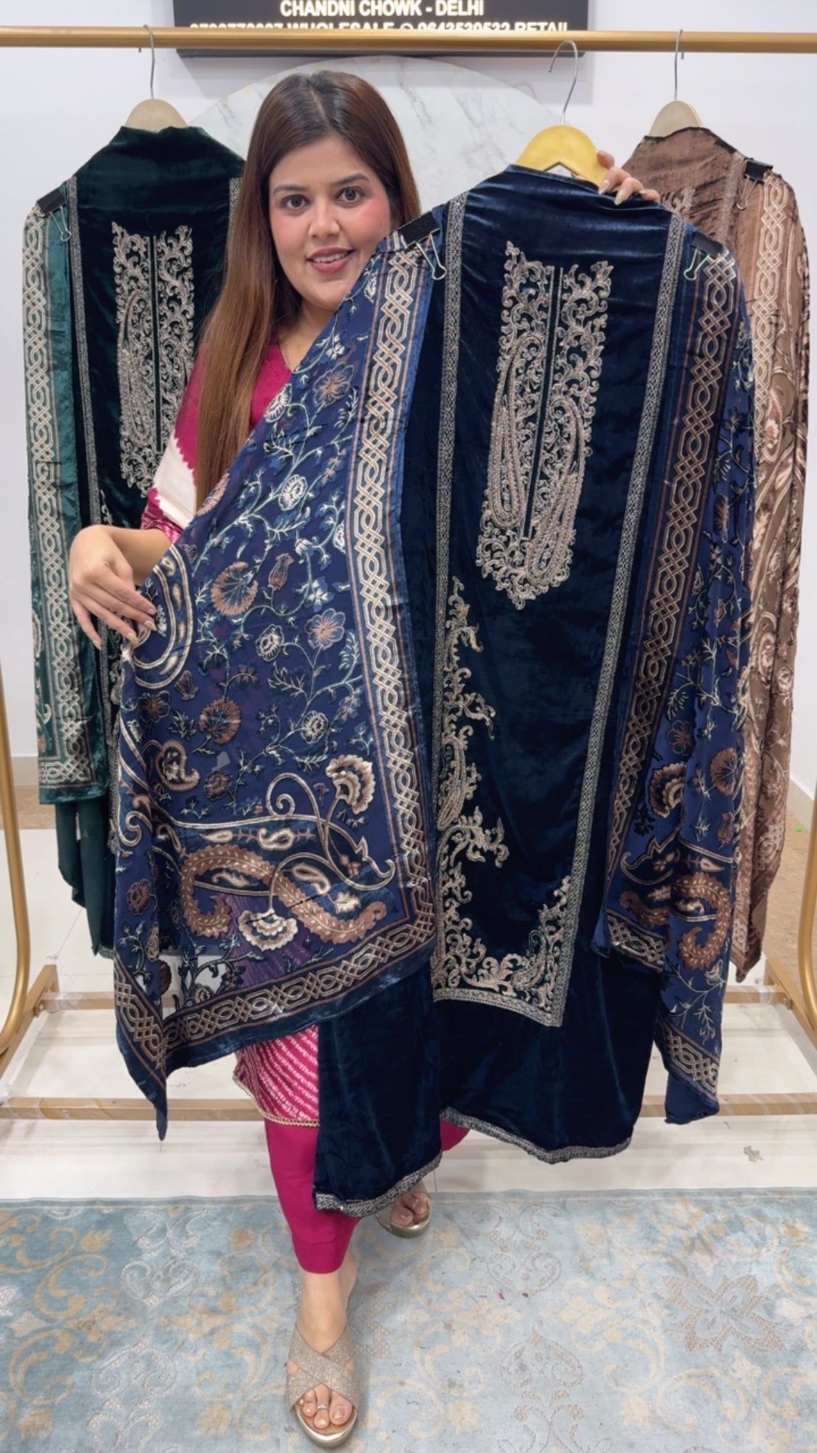 Winter fashion ,pure brasso dupatta premium and pure designer pure velvet suit material along with velvet bottom and brasso dupatta GF 856