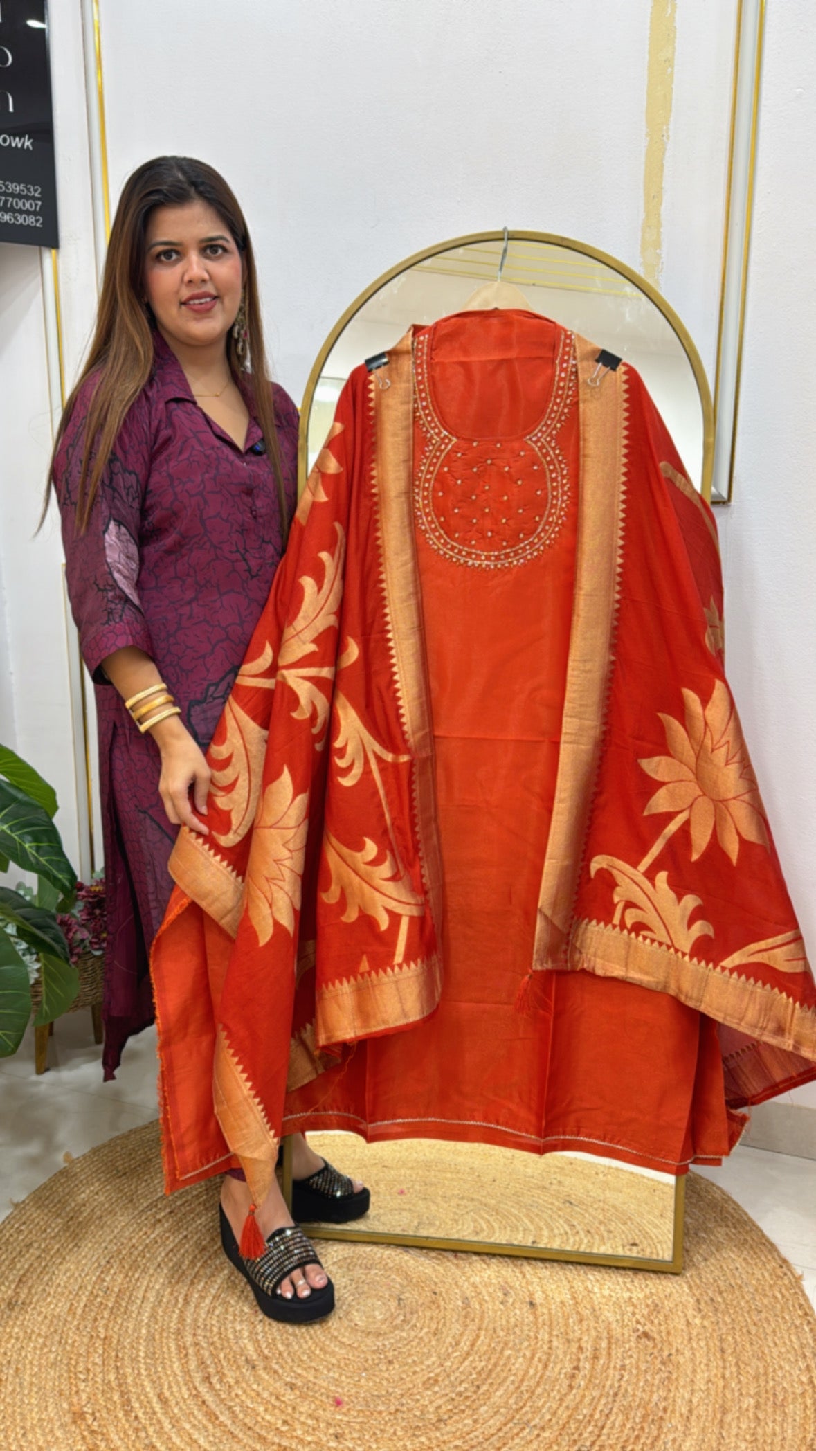 Special festival series pure shimmer silk suit with neck handwork along with weaved banarasi dupatta GF591