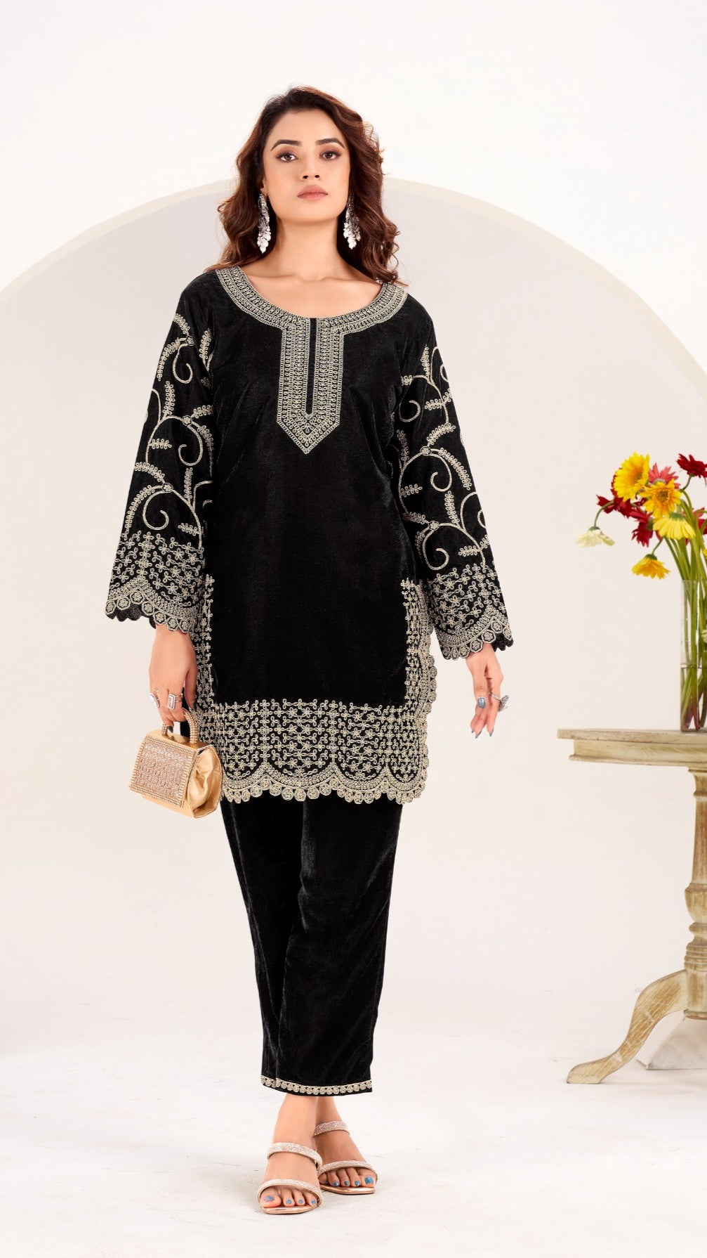 Beautiful Ready To Wear Winter Velvet Coord Set Full embroidery work over sleeves and all over Coordset very pretty and comfortable GF861