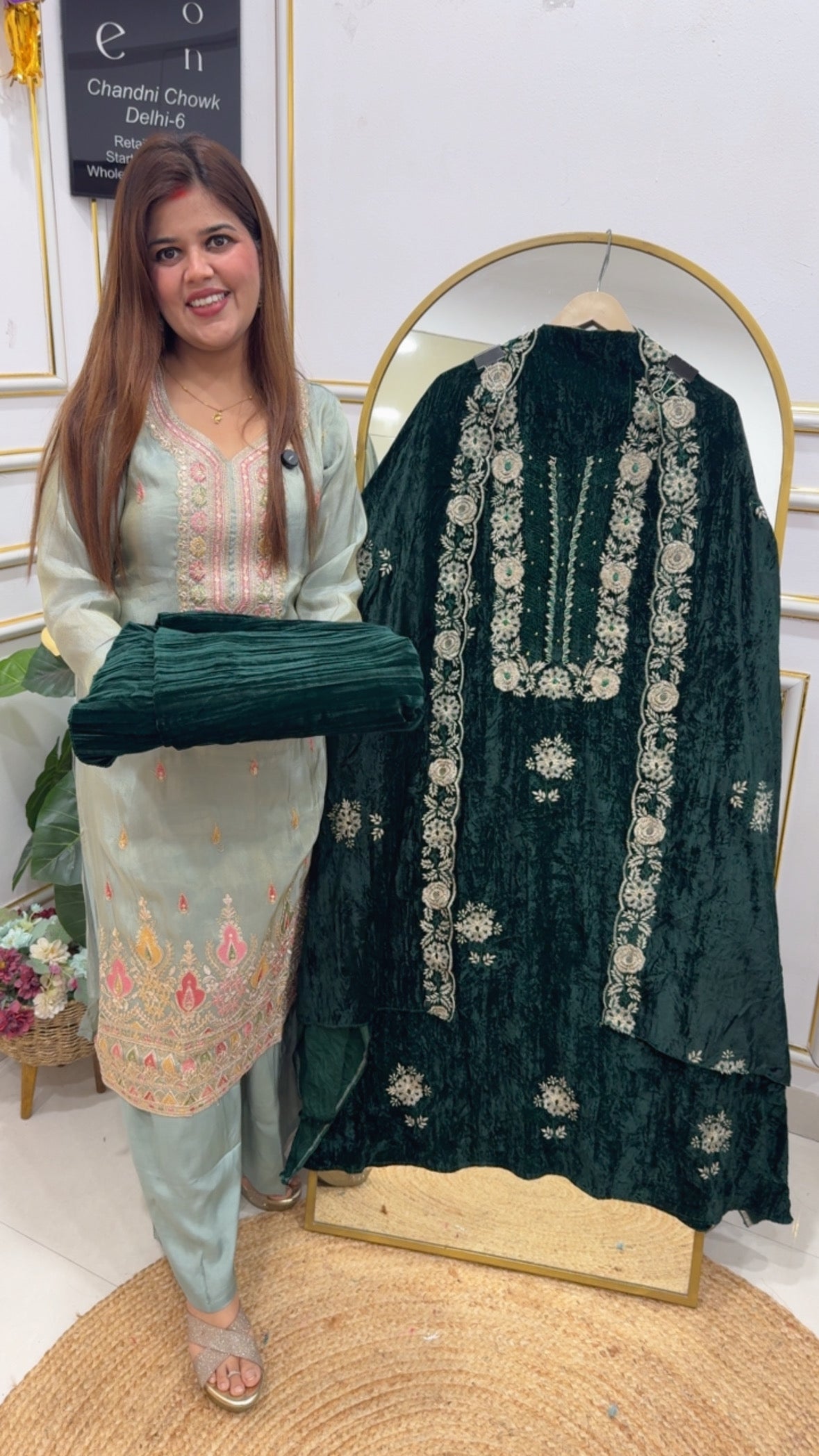 Winter special premium crushed velvet suit material ,velvet shirt with full embroidery and embellishments along with full length embroidery dupatta and premium crushed bottom GF772