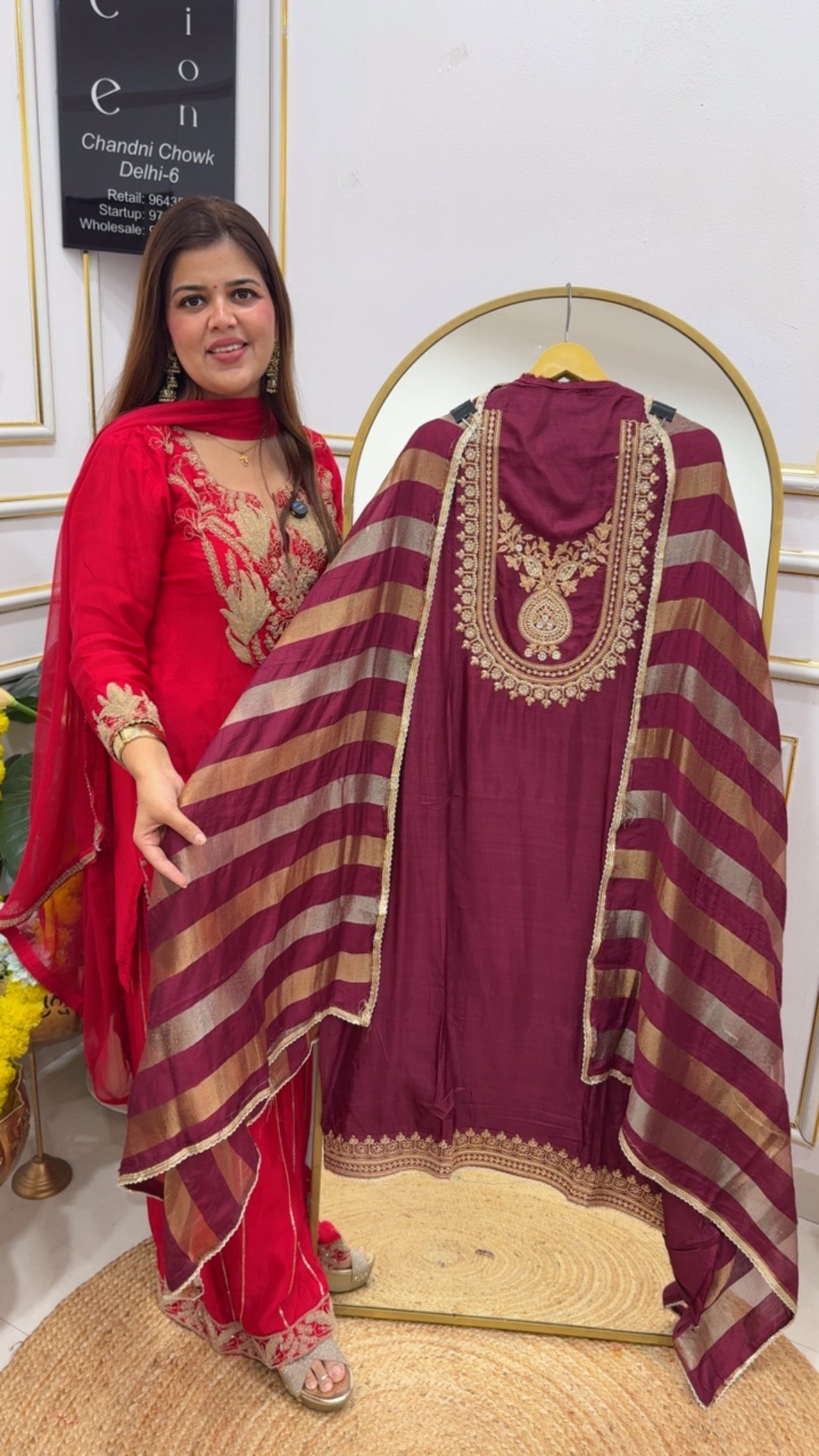 Best seller designer neck pure silk suit material with burberry silk dupatta GF681