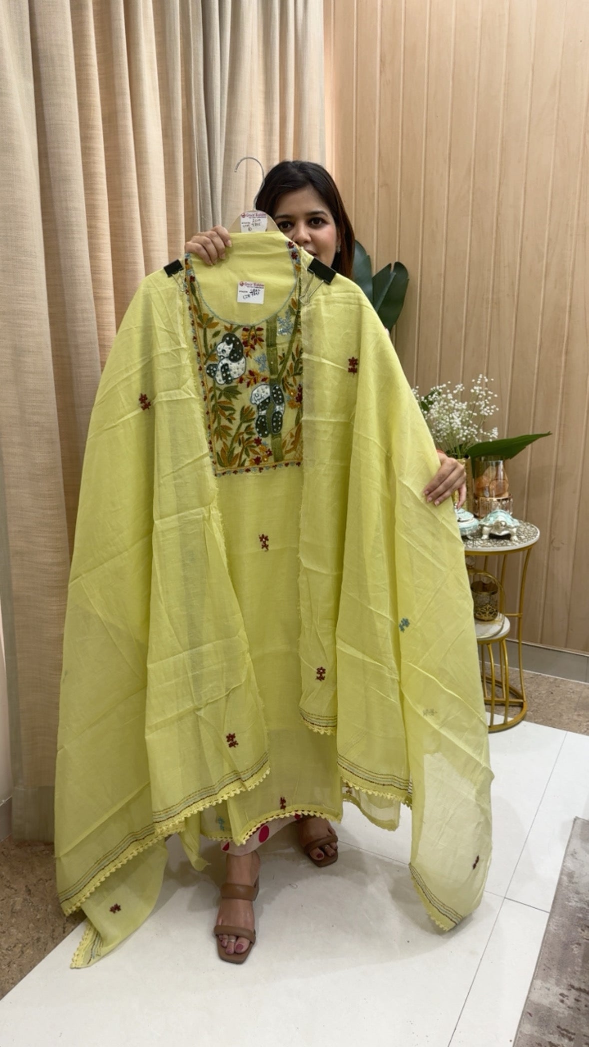 Ultra premium pure Mul Mul super unique panda hand embroidery detailing along with Kantha hand embroidery designer suit material with pure Mul Mul dupatta GF1194
