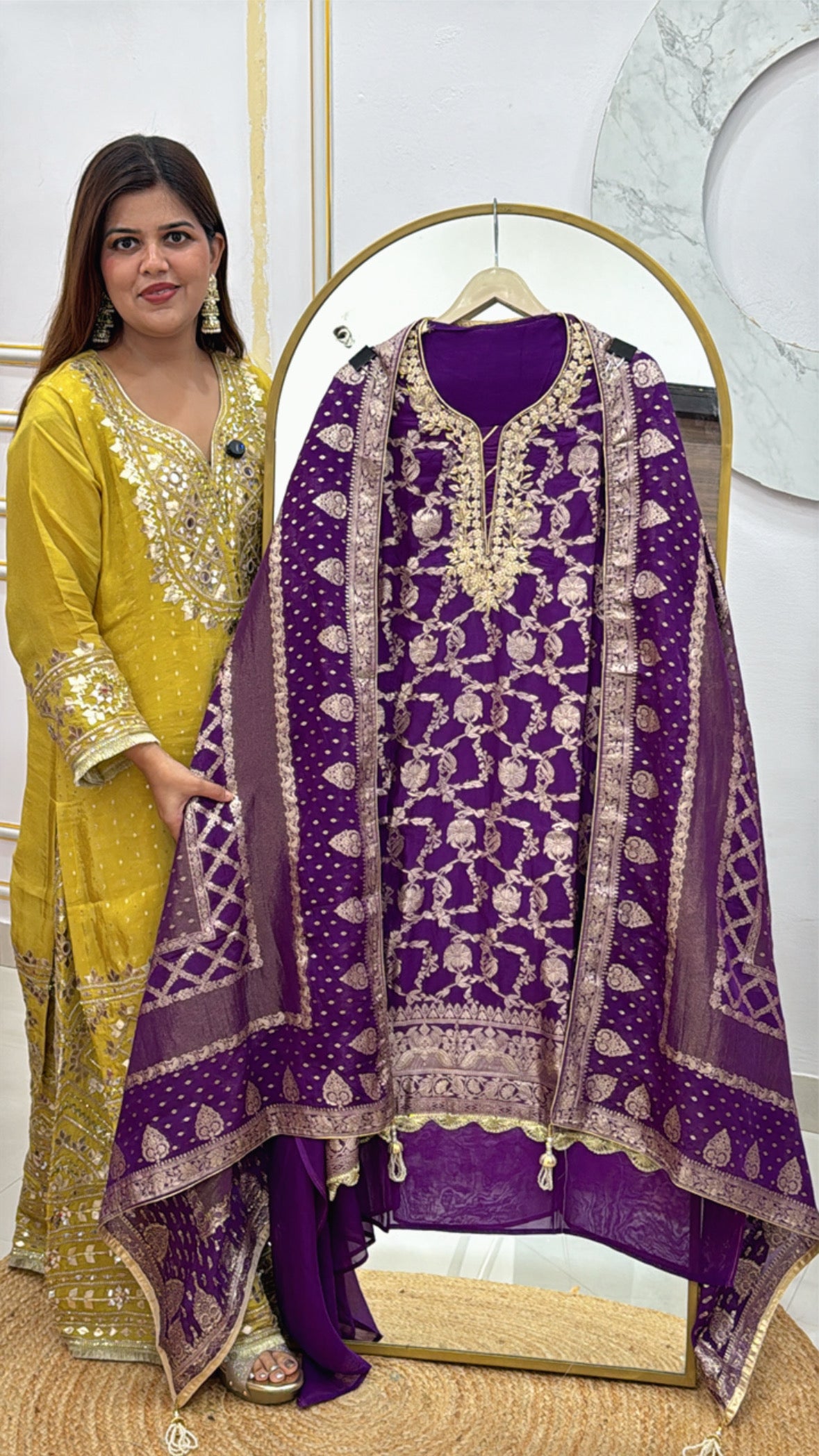 Wedding special partywear full weaved work organza silk shirt with handwork neck along with full length pure weaved dupatta GF479