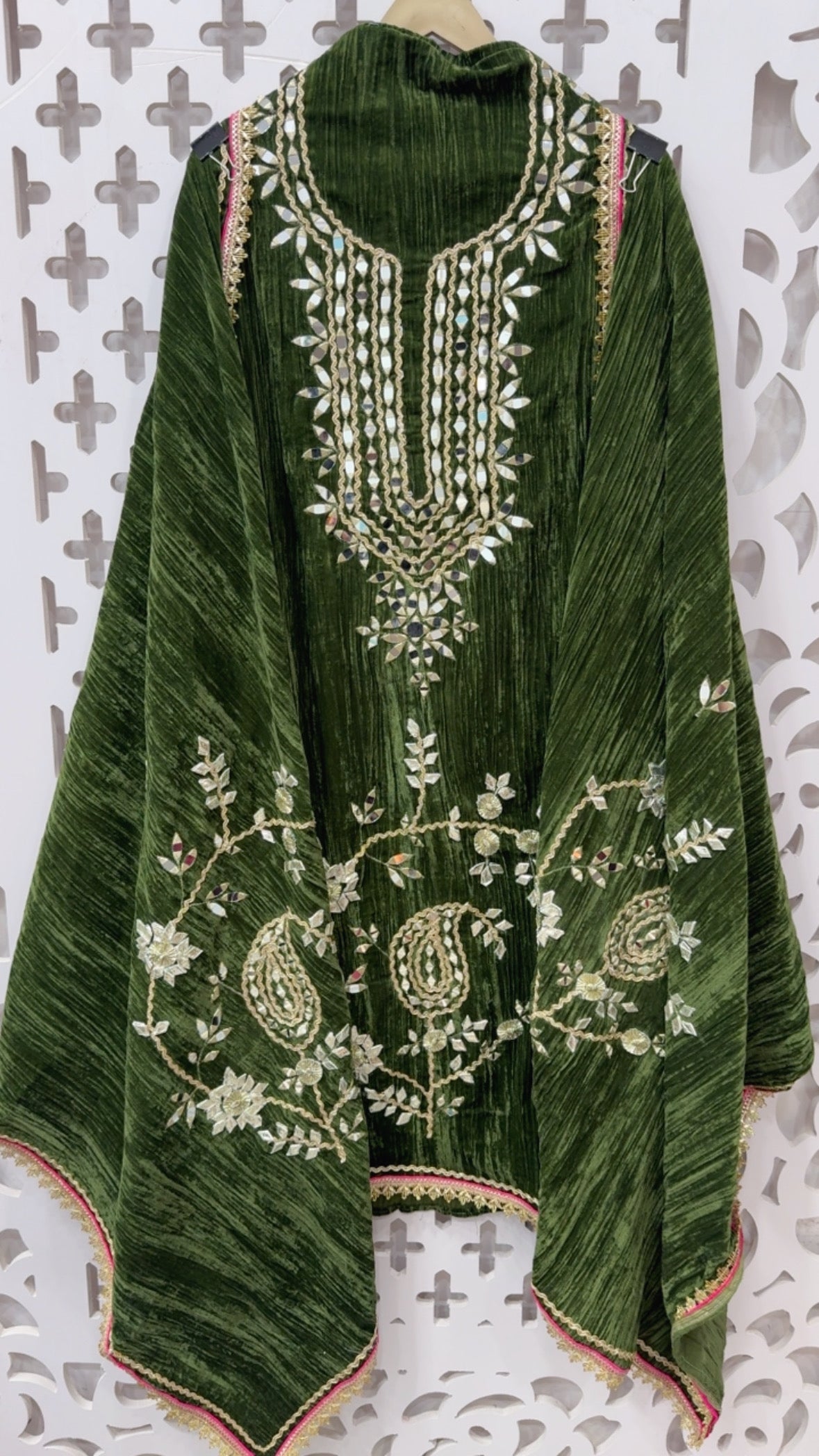Wedding style partywear velvet suit material full manual handwork mirror leather patch and Gota over crushed velvet along with heavy work velvet dupatta GF825